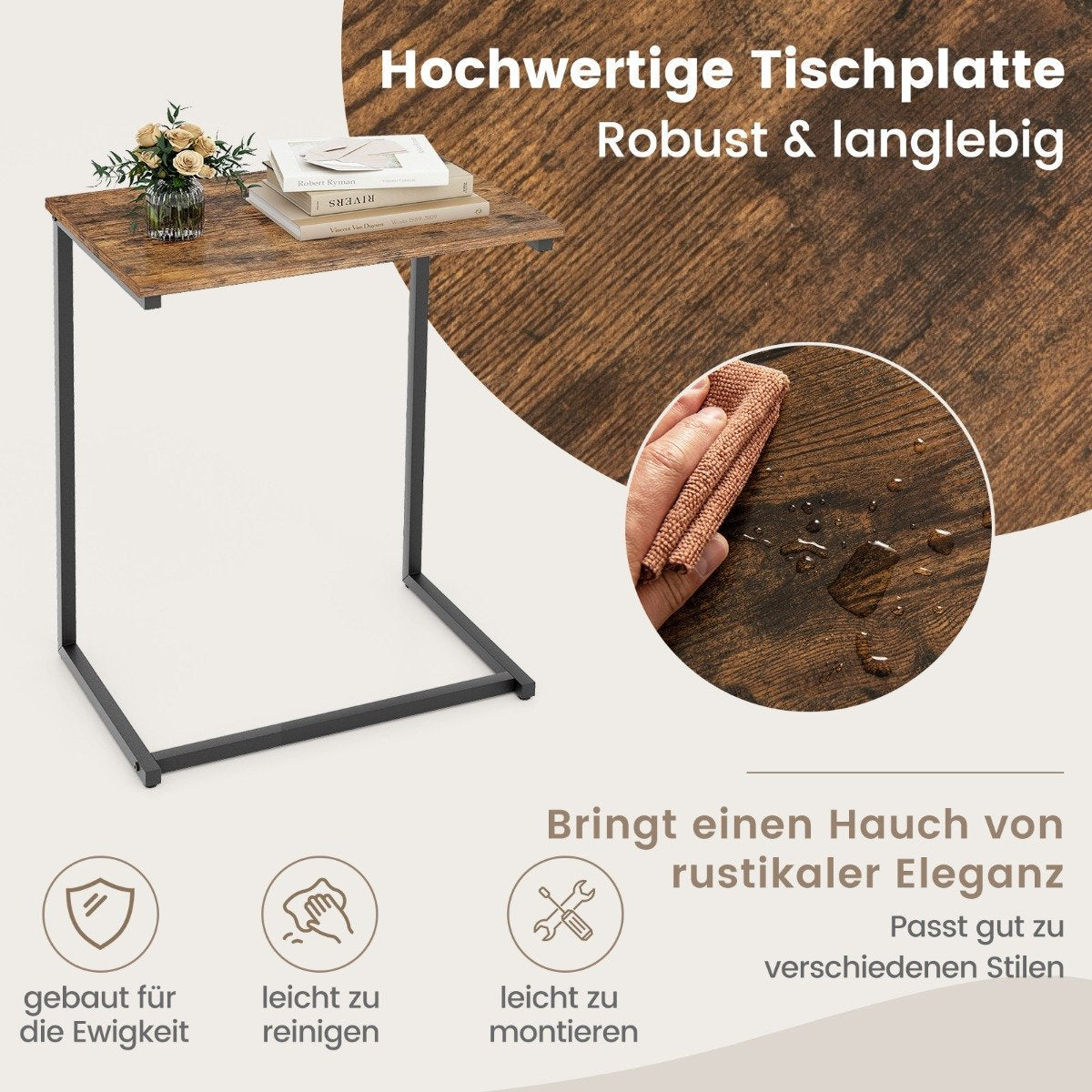 Side table wood metal laptop table C-shaped sofa table 55 x 36 x 67 cm black + brown