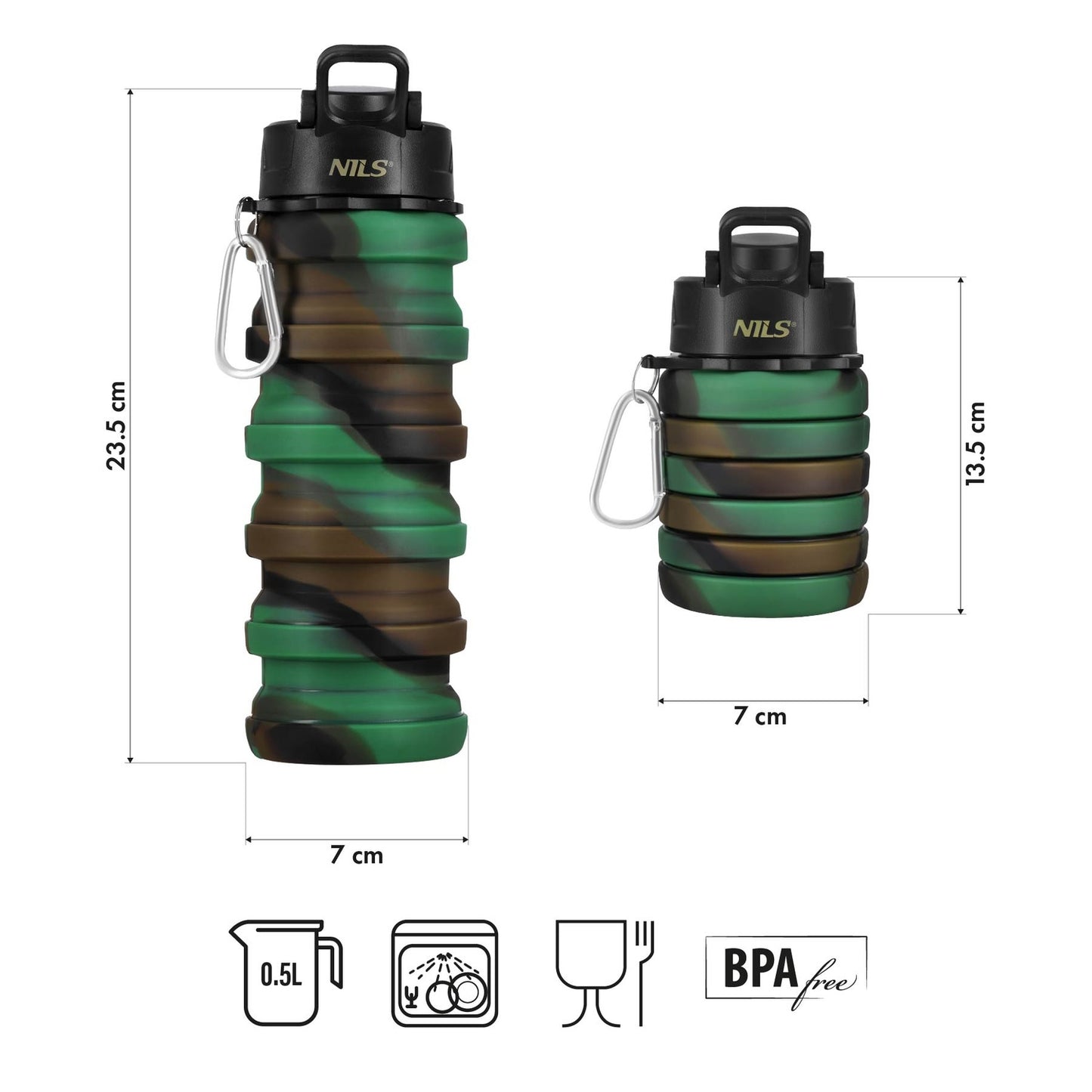 Silicone Folding Water Bottle, 500ml, Green