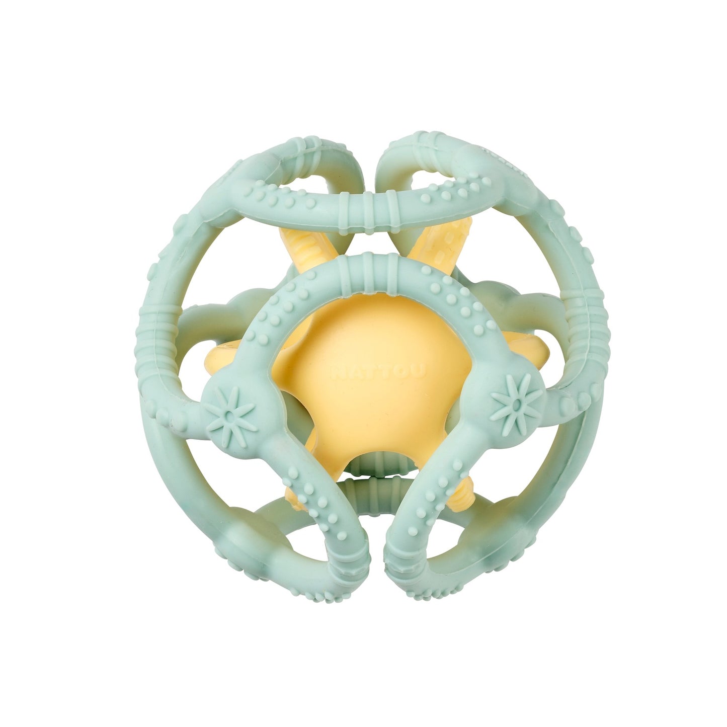 Silicone Teether and Rattle Set, 2 Balls in Aqua Green and Yellow