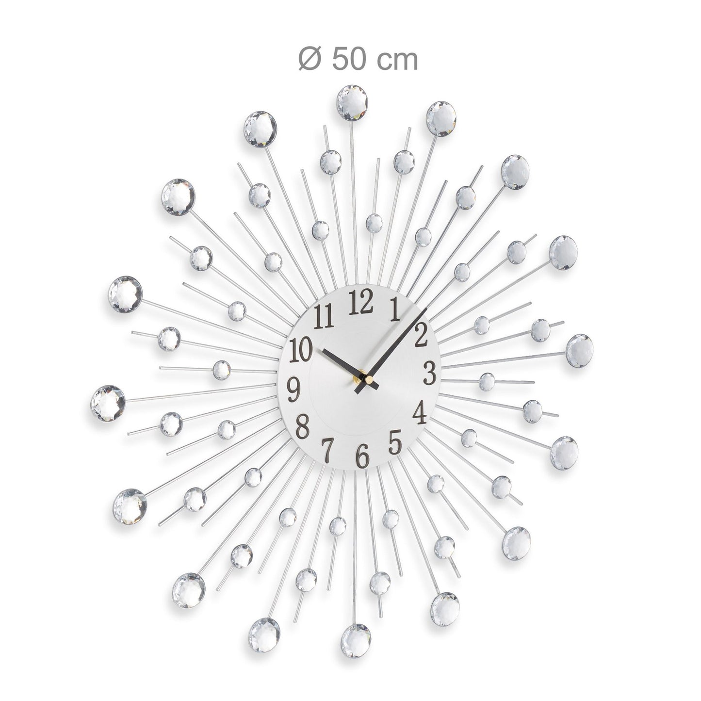 Silver Wall Clock with Glittering Stones, 50cm Diameter