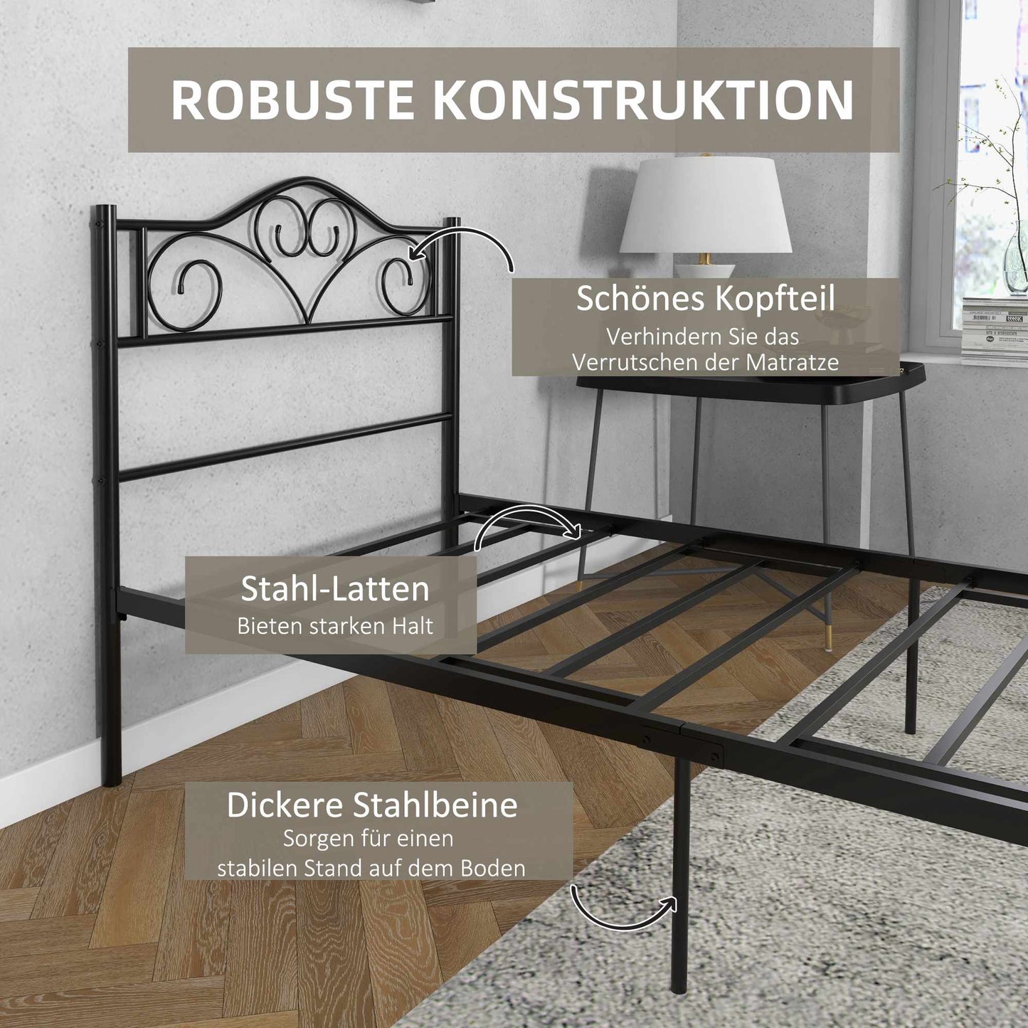 Single Bed Frame, Black Steel, 90x200 cm, Storage Space