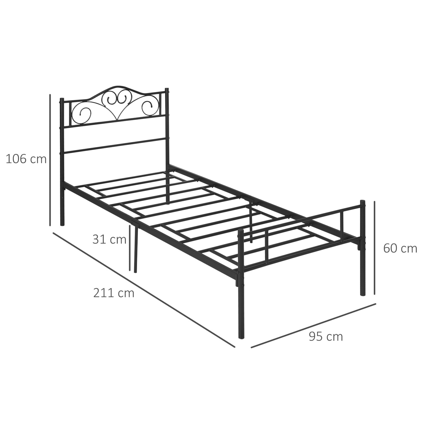 Single Bed Frame, Black Steel, 90x200 cm, Storage Space