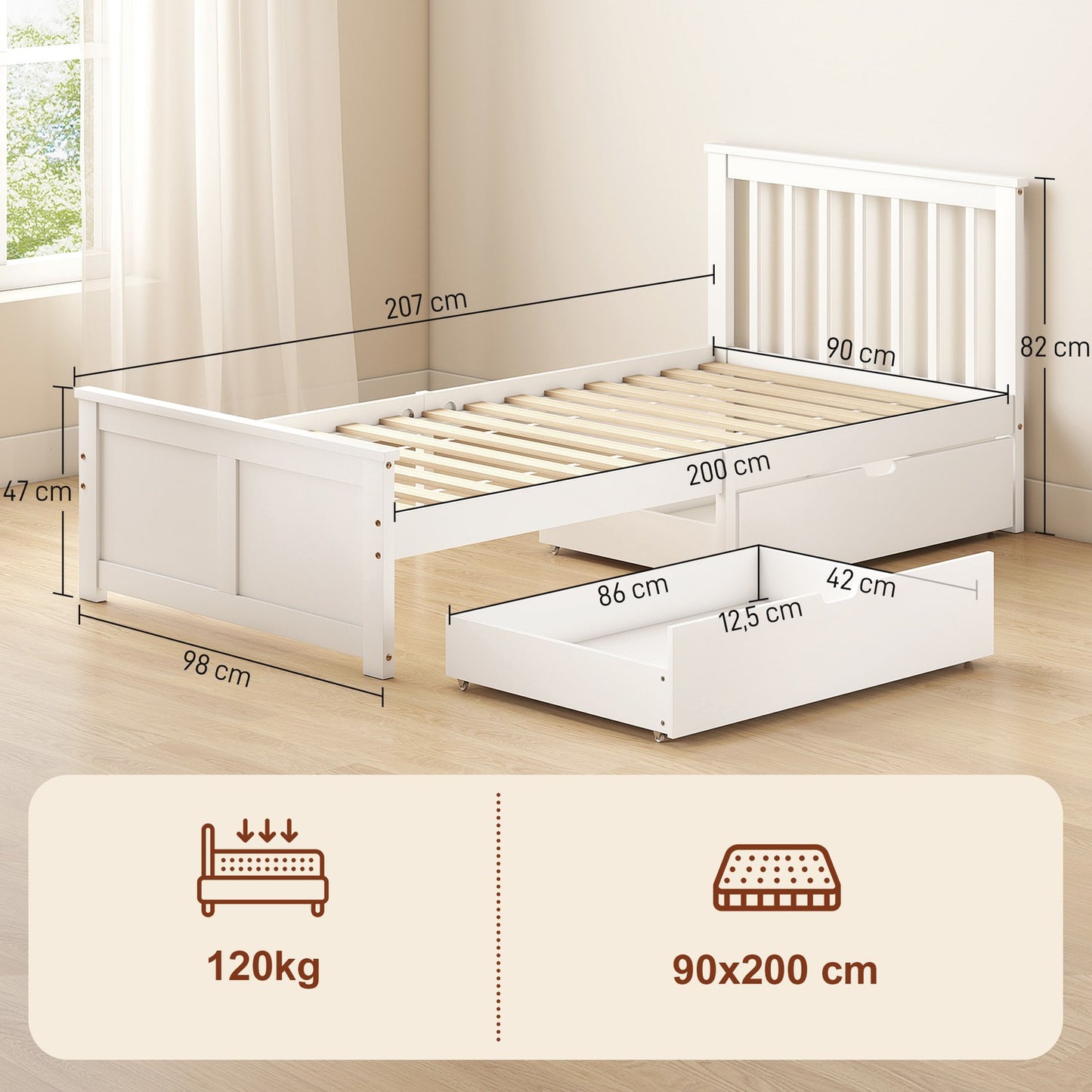 Single Bed Frame with Drawers, Wood, 90x200 cm, White