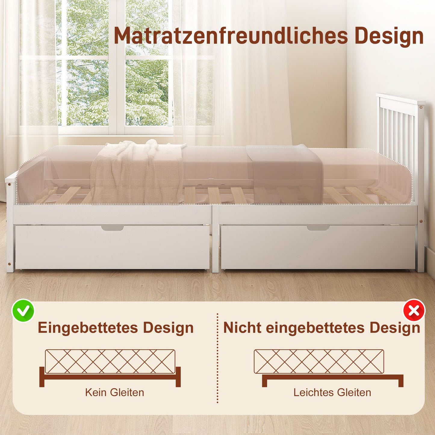 Single Bed Frame with Drawers, Wood, 90x200 cm, White