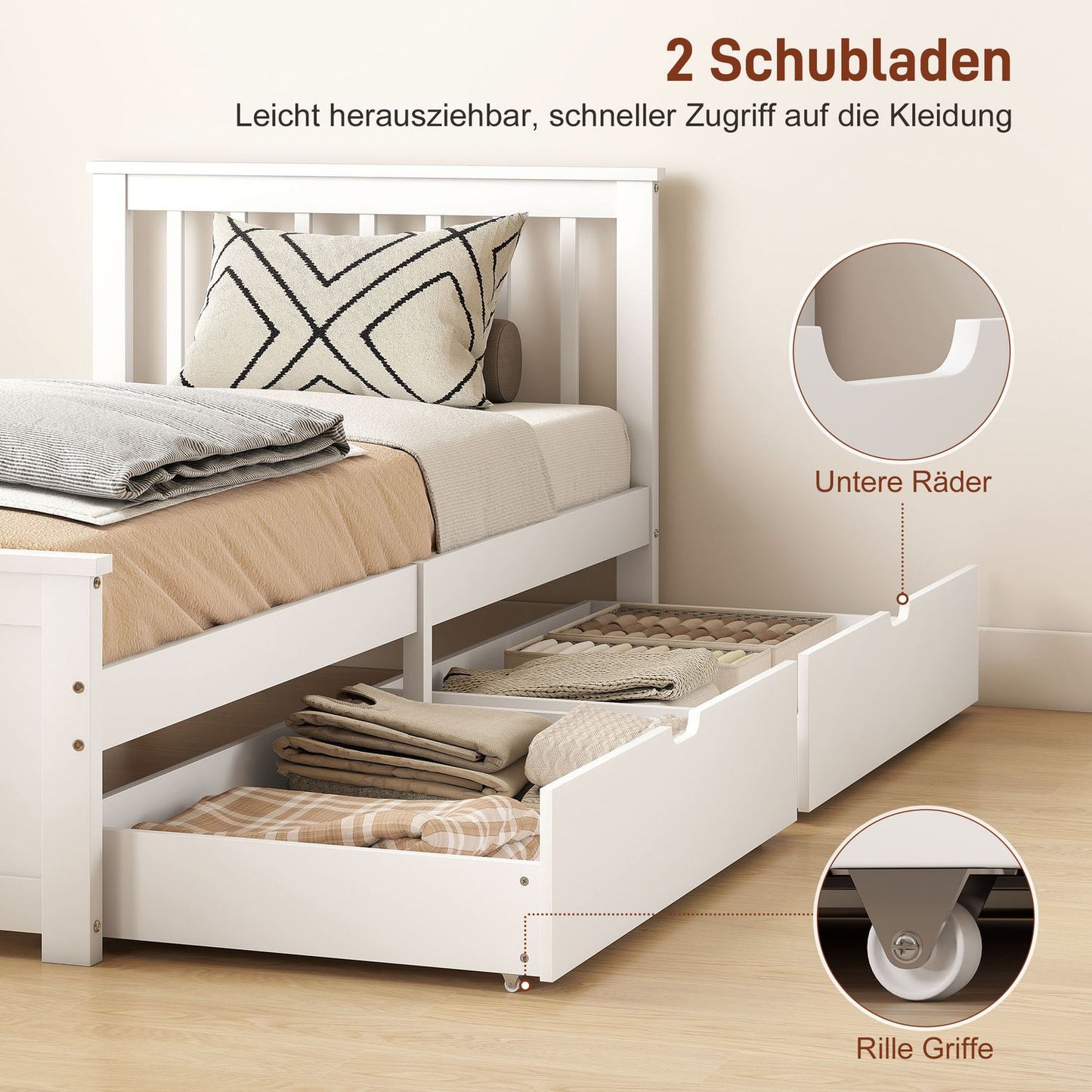 Single Bed Frame with Drawers, Wood, 90x200 cm, White