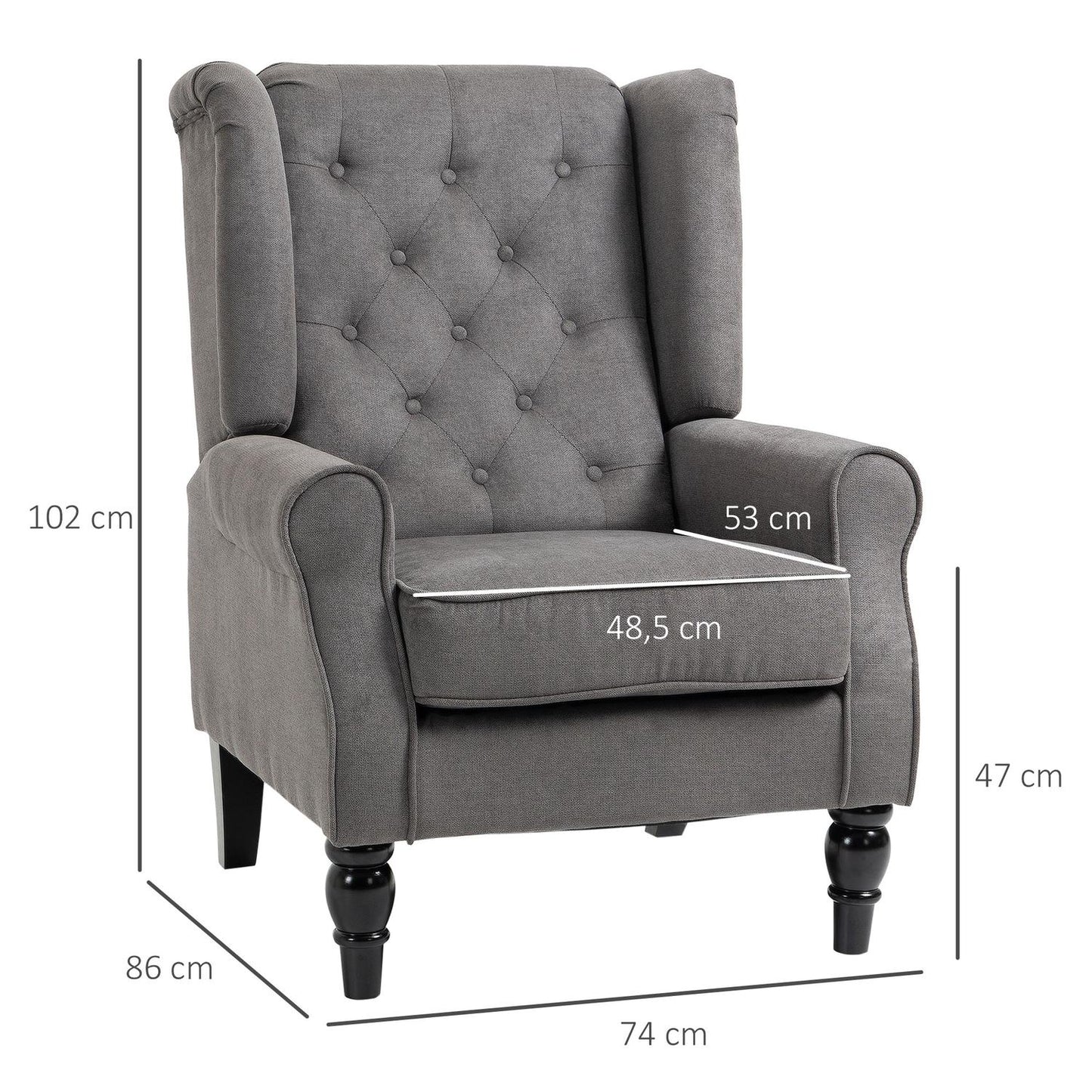 Wingback Relax chair, dark gray polyester, wooden legs