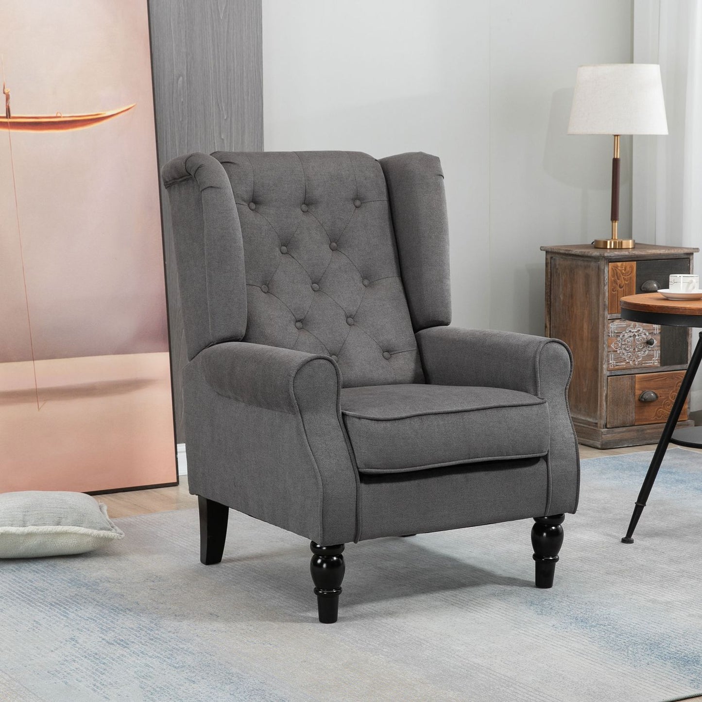 Wingback Relax chair, dark gray polyester, wooden legs