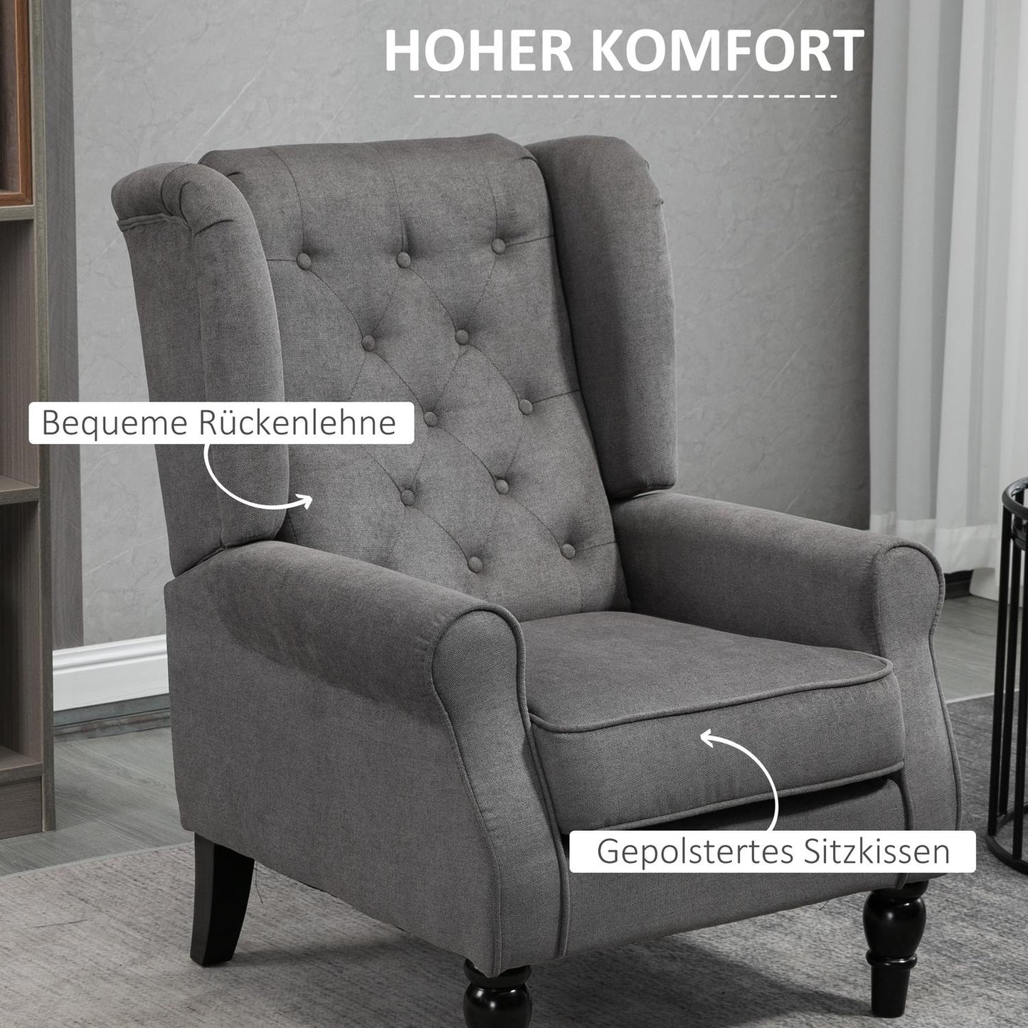 Wingback Relax chair, dark gray polyester, wooden legs