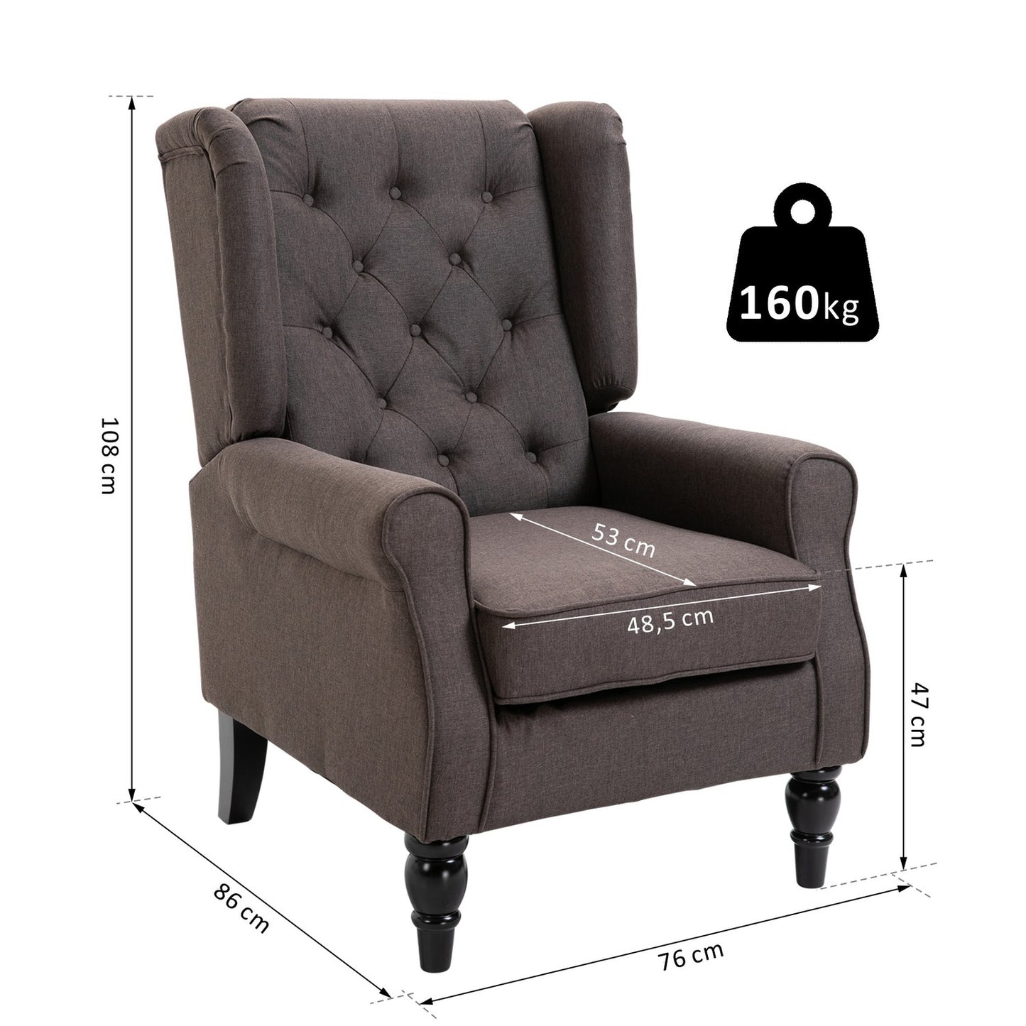 Brown polyester lounge chair, tufted, 76x86x108 cm