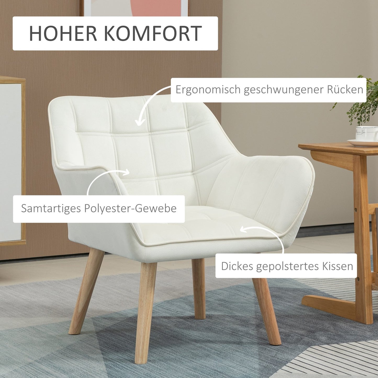 Cream Velvet-Look Armchair, raised legs, 64x62x72.5 cm