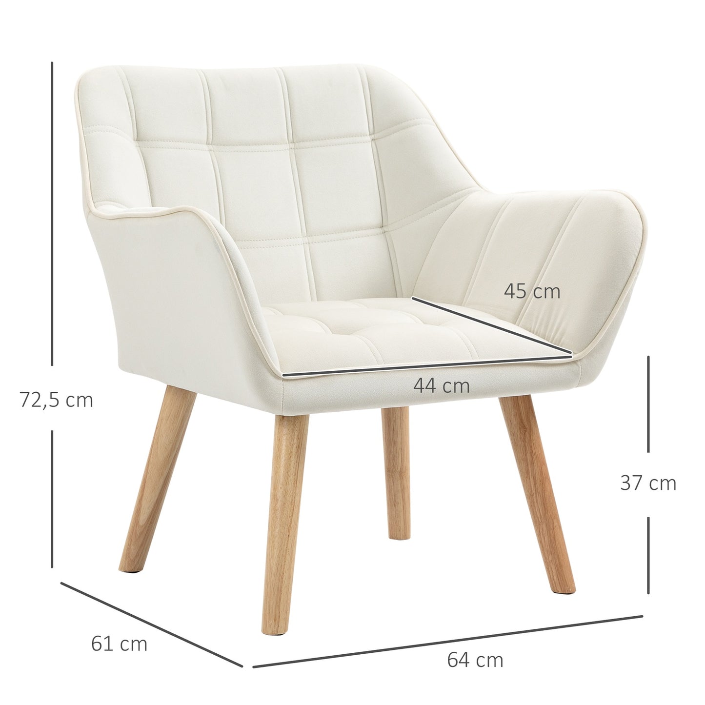 Cream Velvet-Look Armchair, raised legs, 64x62x72.5 cm