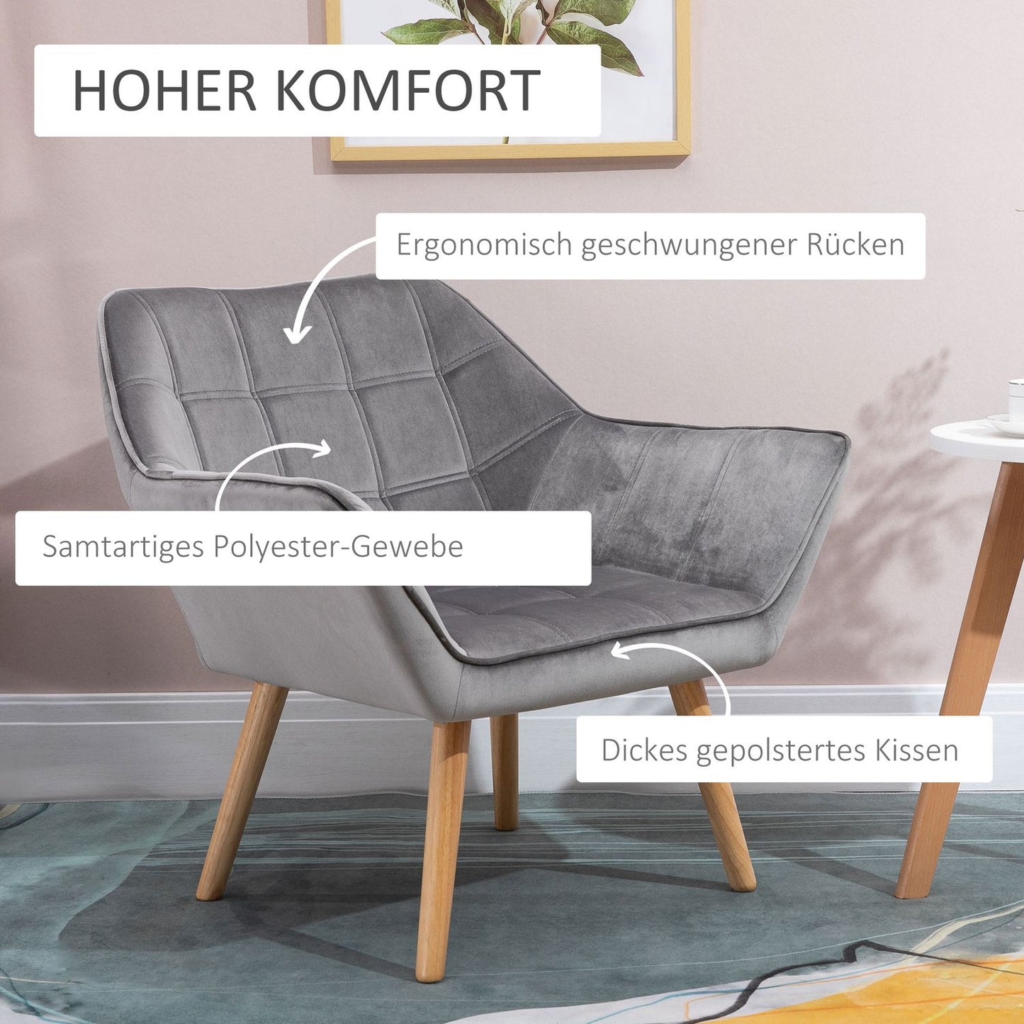 Velvet-like gray Scandinavian armchair, raised legs, 64 x 62 x 72.5 cm