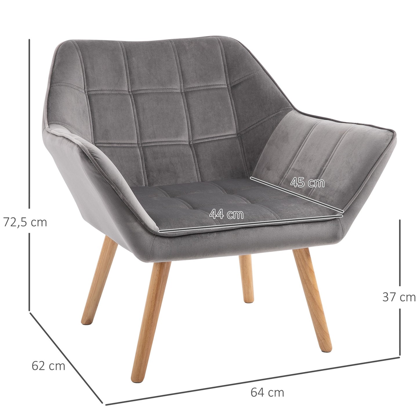 Velvet-like gray Scandinavian armchair, raised legs, 64 x 62 x 72.5 cm