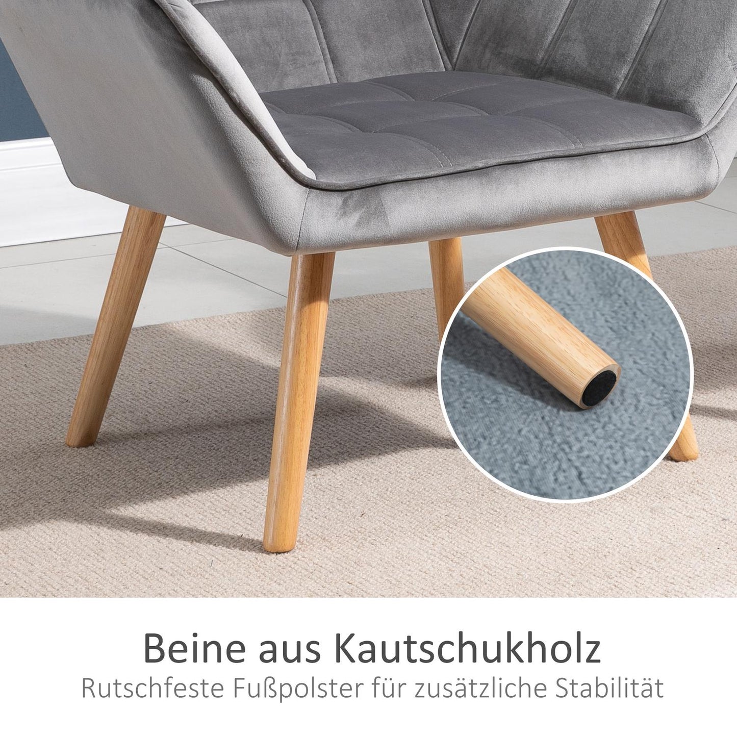 Velvet-like gray Scandinavian armchair, raised legs, 64 x 62 x 72.5 cm