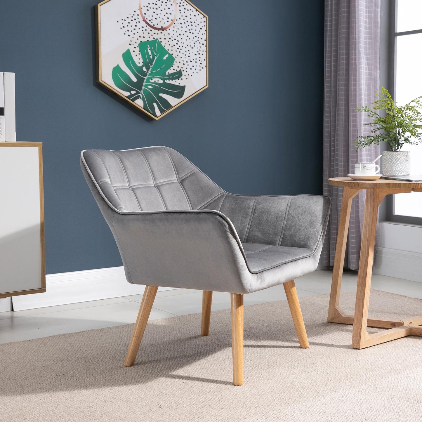 Velvet-like gray Scandinavian armchair, raised legs, 64 x 62 x 72.5 cm