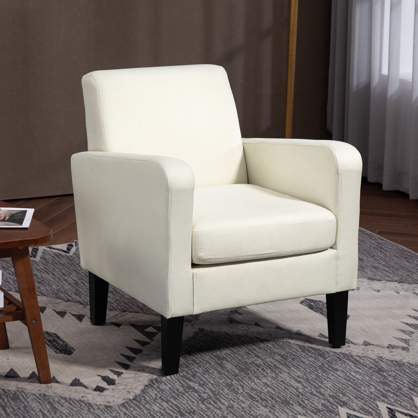 Creamy white linen-look armchair, padded, wooden legs