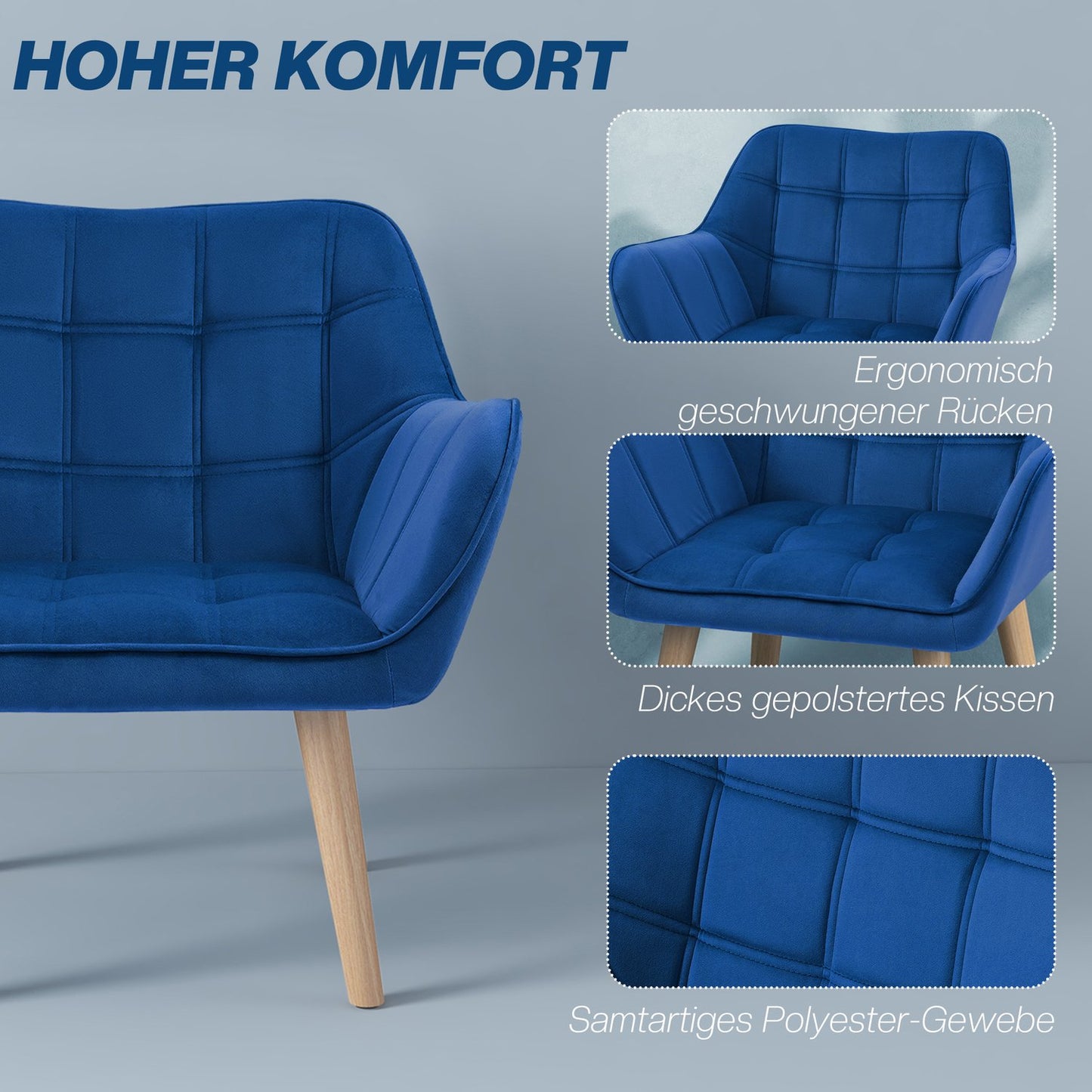 Velvet Wingback lounge chair, blue, raised legs, 67x61.5x71 cm
