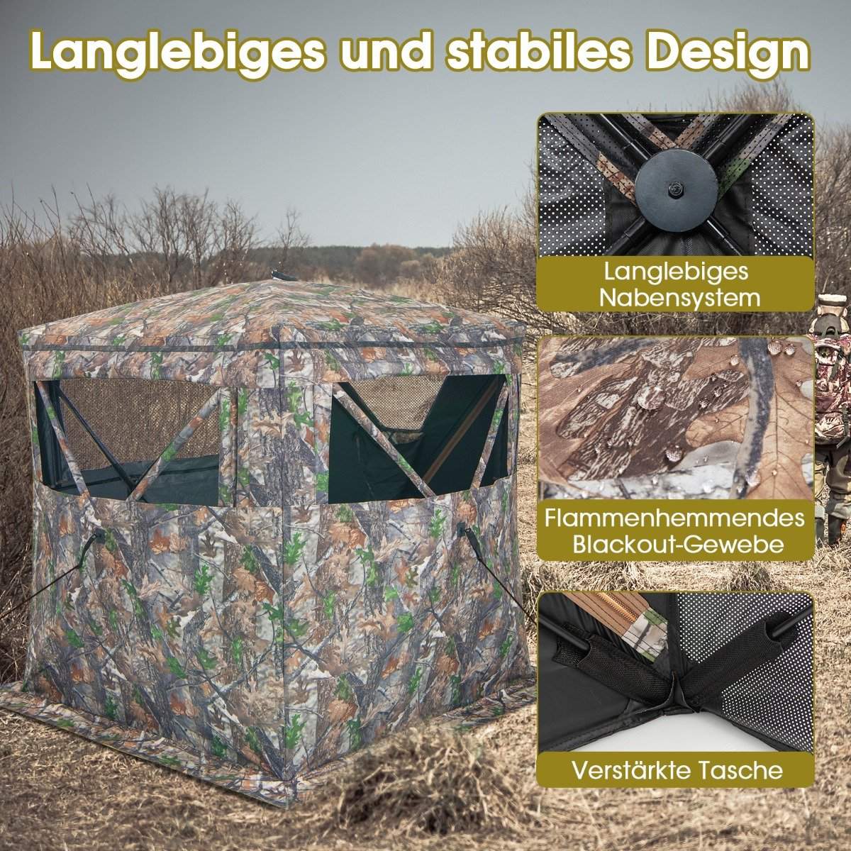 Single-sided transparent 270° hunting tent pop-up shelter for 2-3 people with silent sliding window & carrying bag hunting hideout