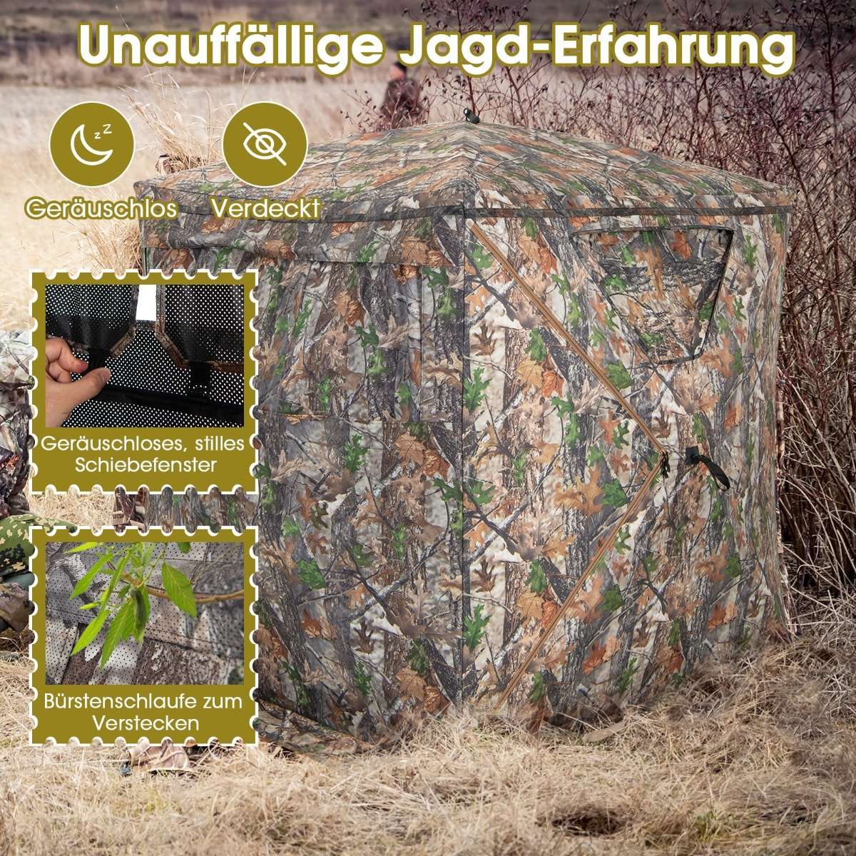 Single-sided transparent 270° hunting tent pop-up shelter for 2-3 people with silent sliding window & carrying bag hunting hideout