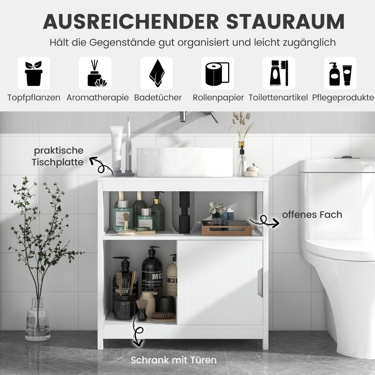 Sink base cabinet with 2 sliding doors bathroom base cabinet freestanding 60 x 30 x 60 cm white