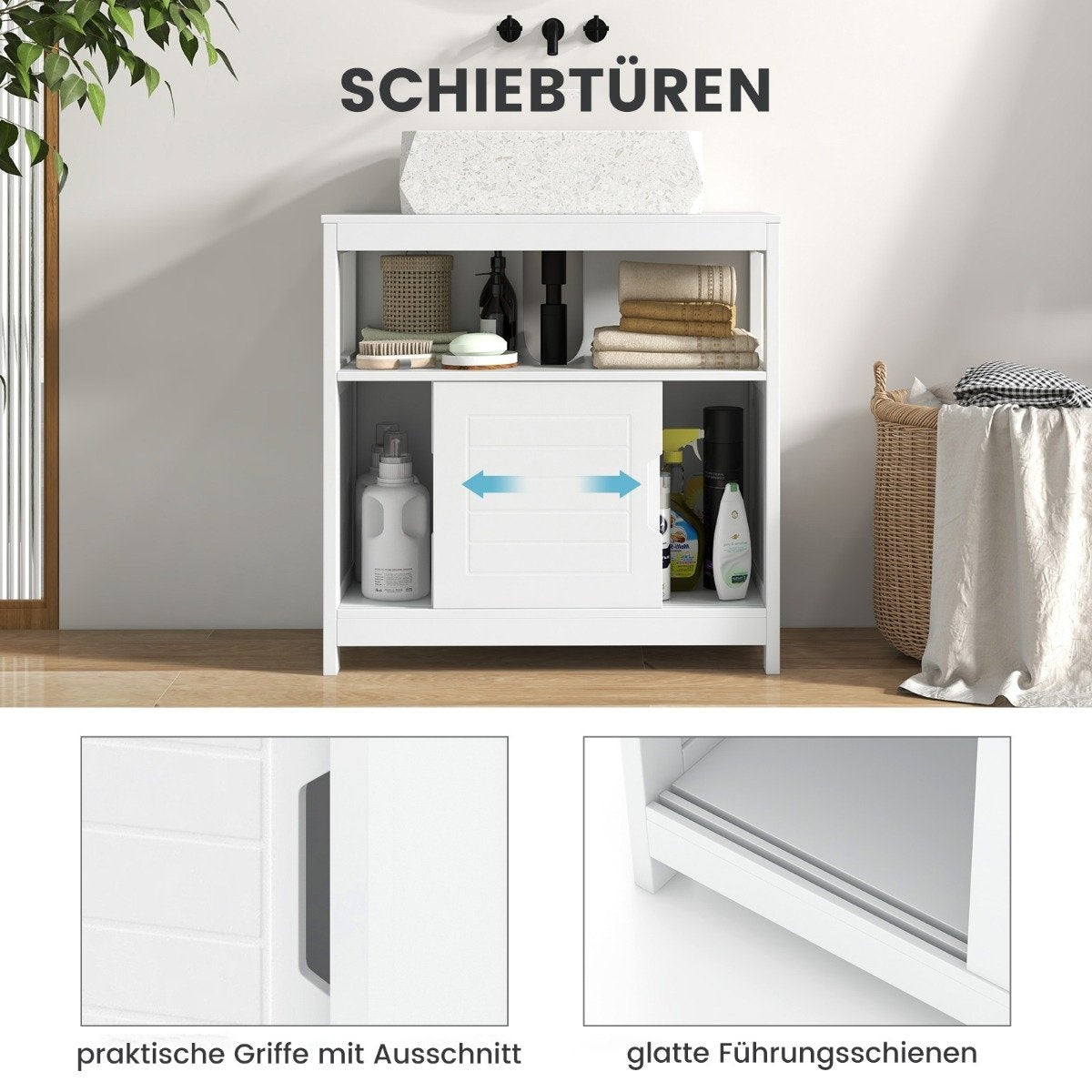 Sink base cabinet with 2 sliding doors bathroom base cabinet freestanding 60 x 30 x 60 cm white
