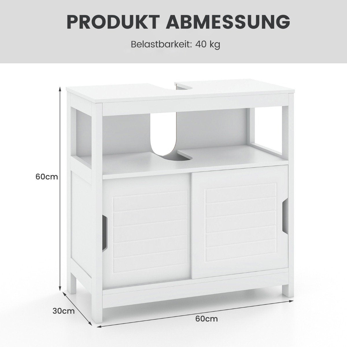 Sink base cabinet with 2 sliding doors bathroom base cabinet freestanding 60 x 30 x 60 cm white
