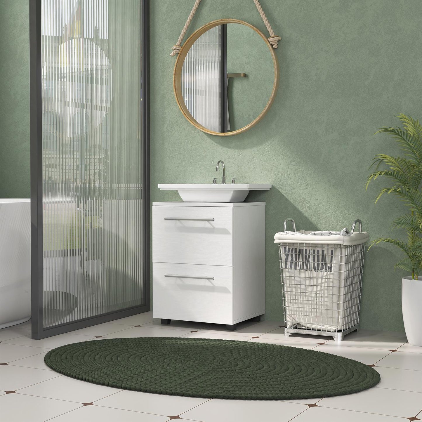 Bathroom base cabinet with drawer and tilt protection