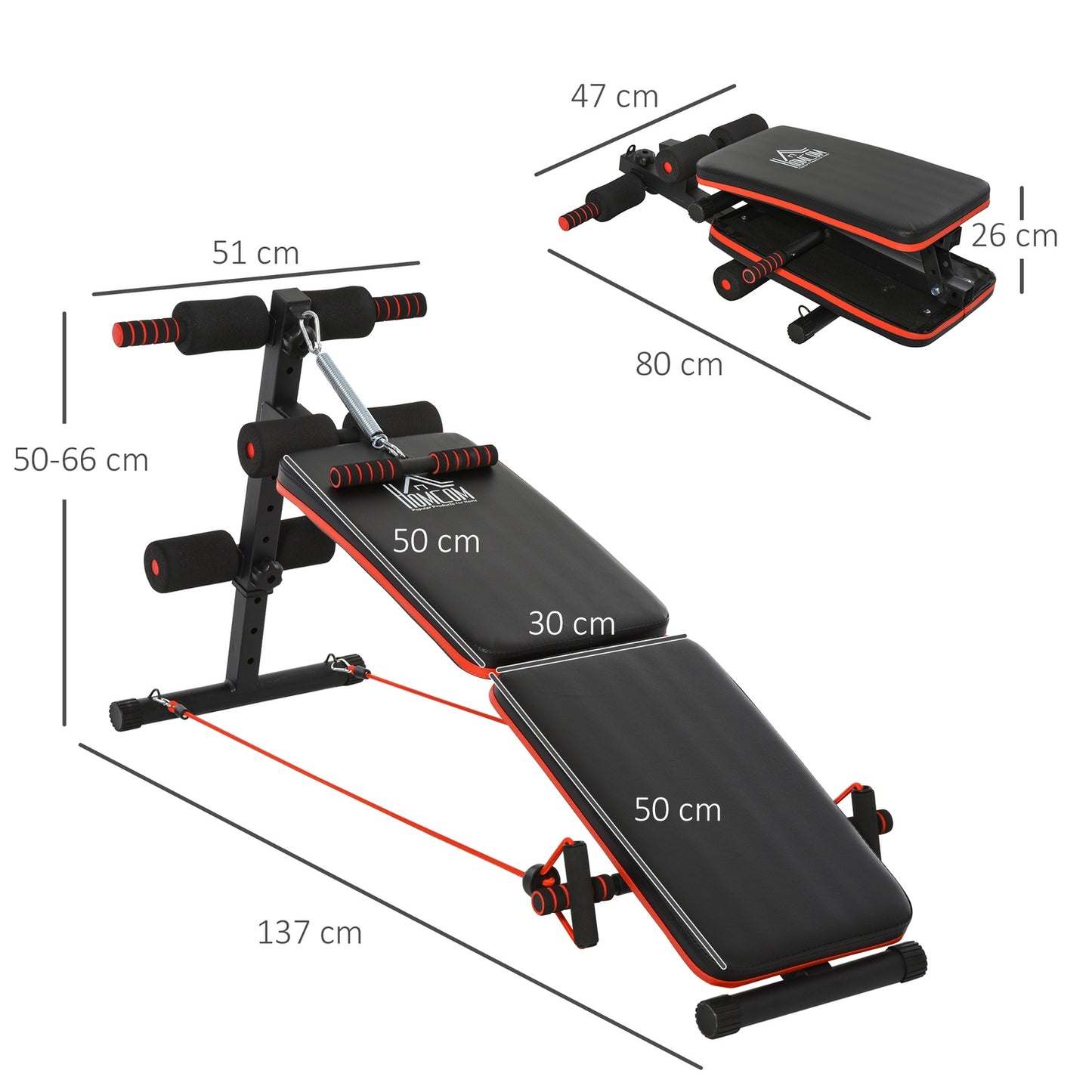 Sit Up Bench with training ropes, adjustable and foldable