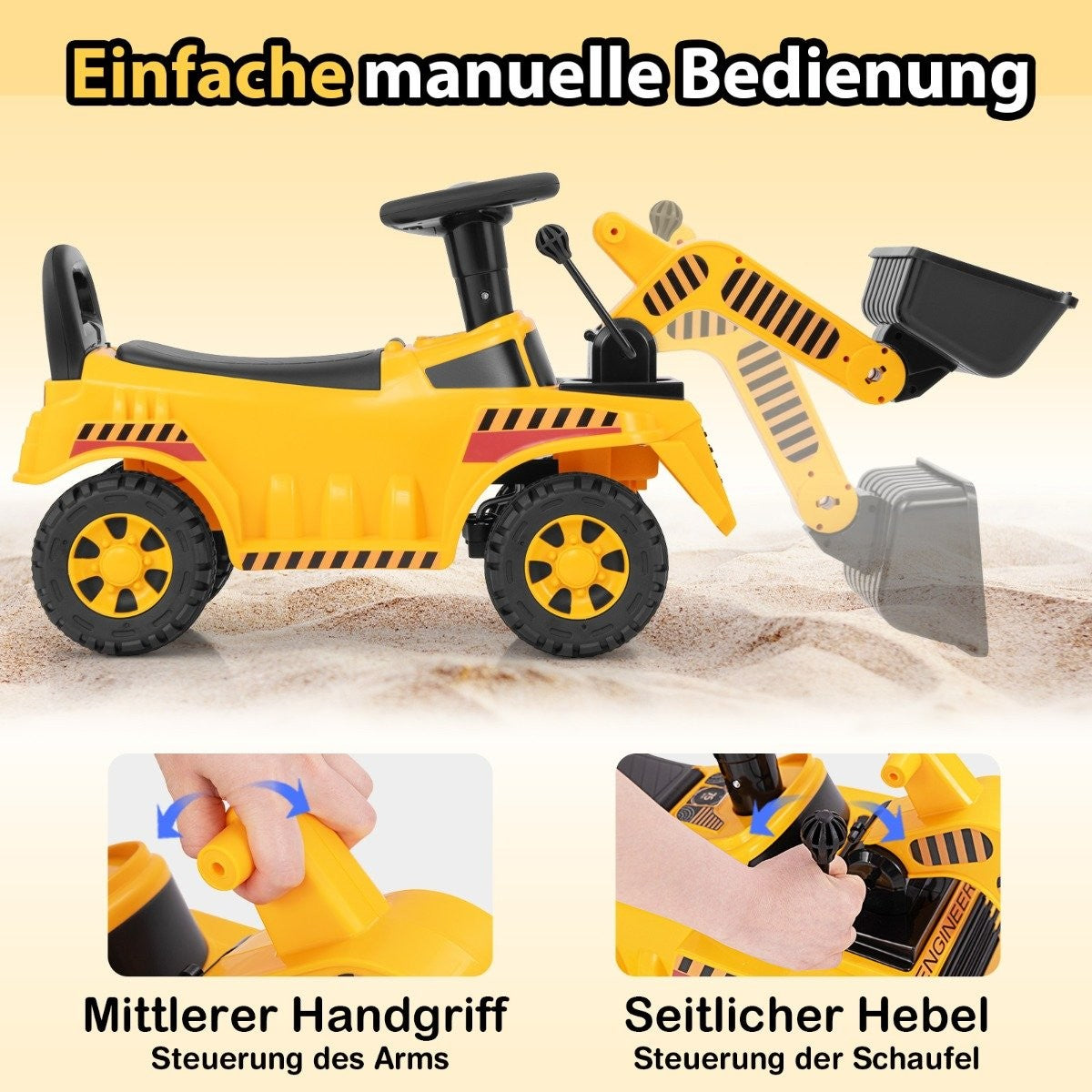 Sit-on excavator with adjustable shovel and storage space under the seat, seated excavator, children's excavator