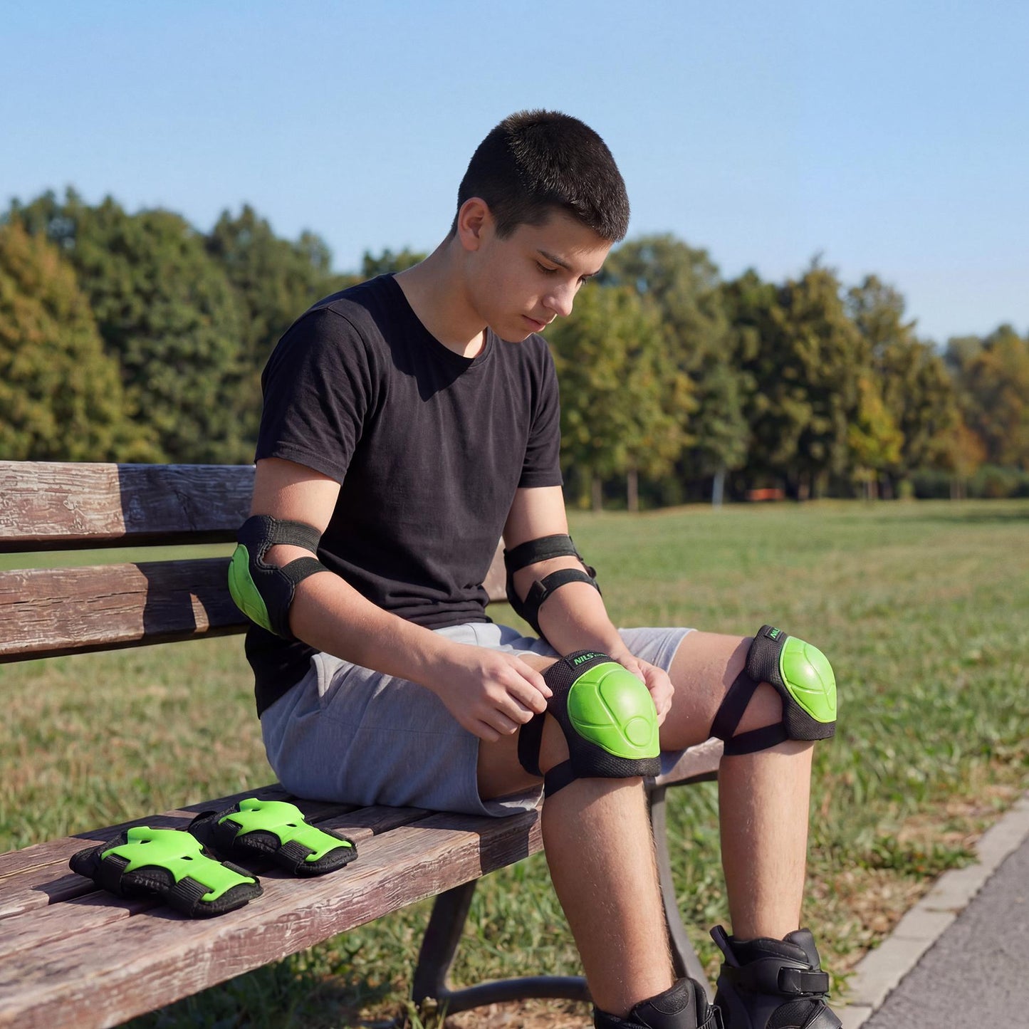 Skate Pad Set, Wrist Elbow Knee, Green, Size L