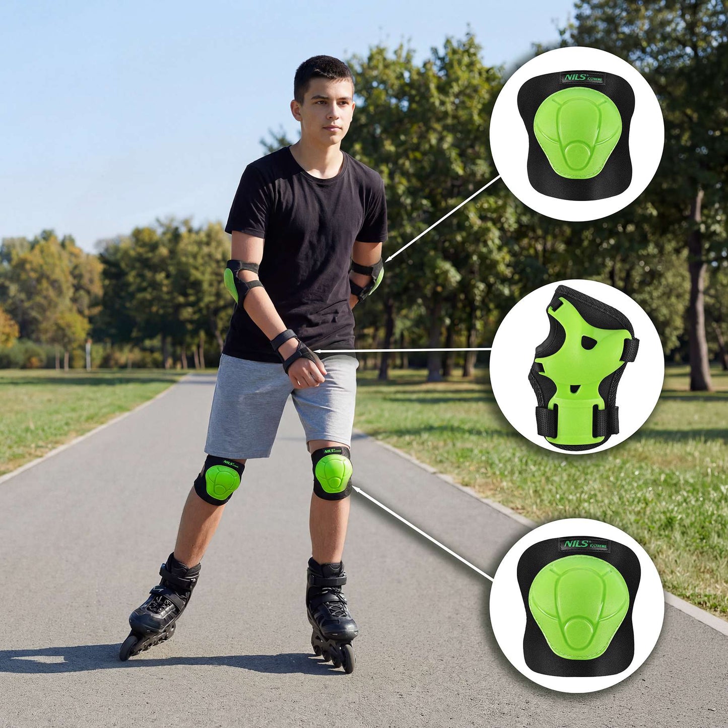 Skate Protective Gear Set – Wrist Elbow Knee, Green XS