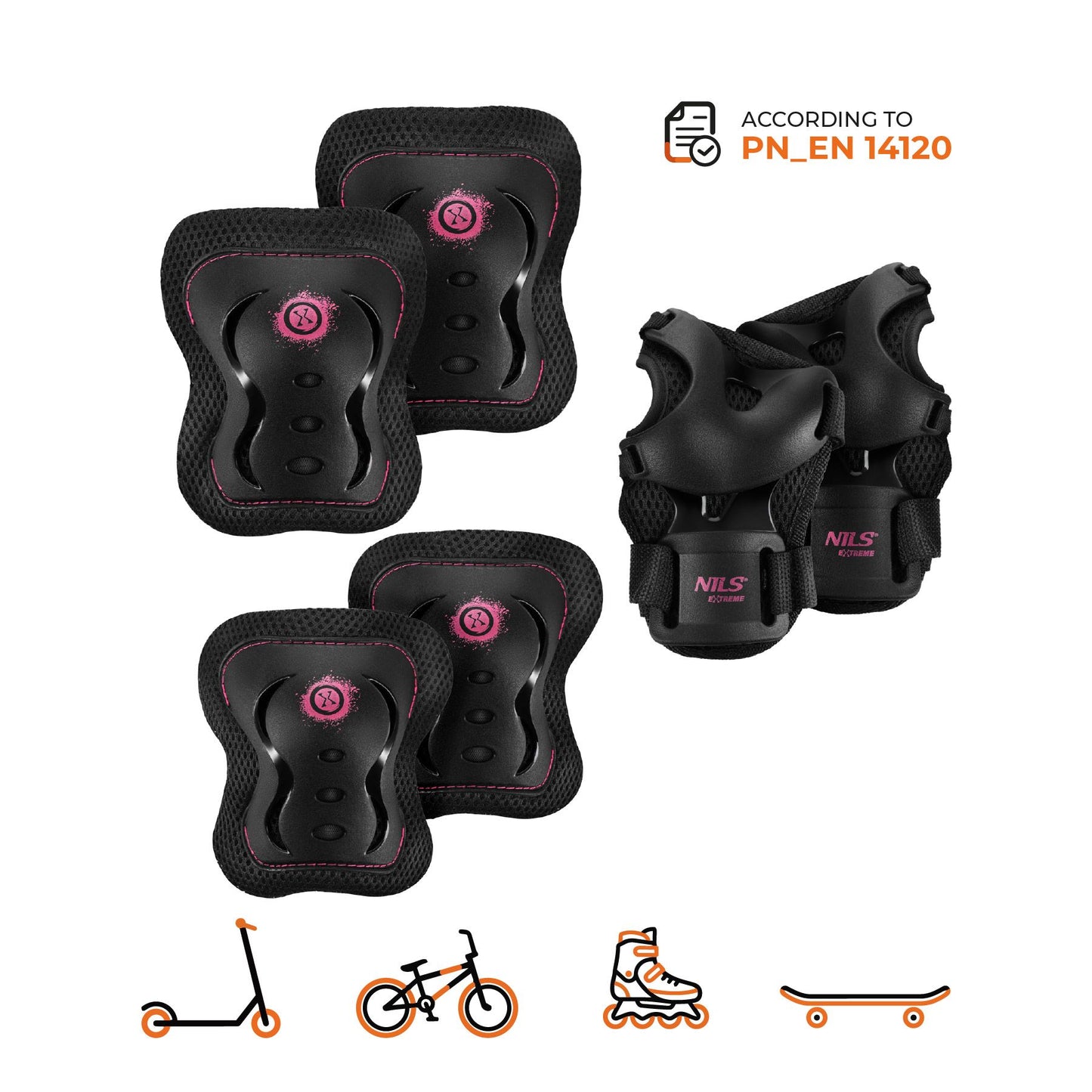 Skate Protective Gear Set, Wrist Elbow Knee, Pink L