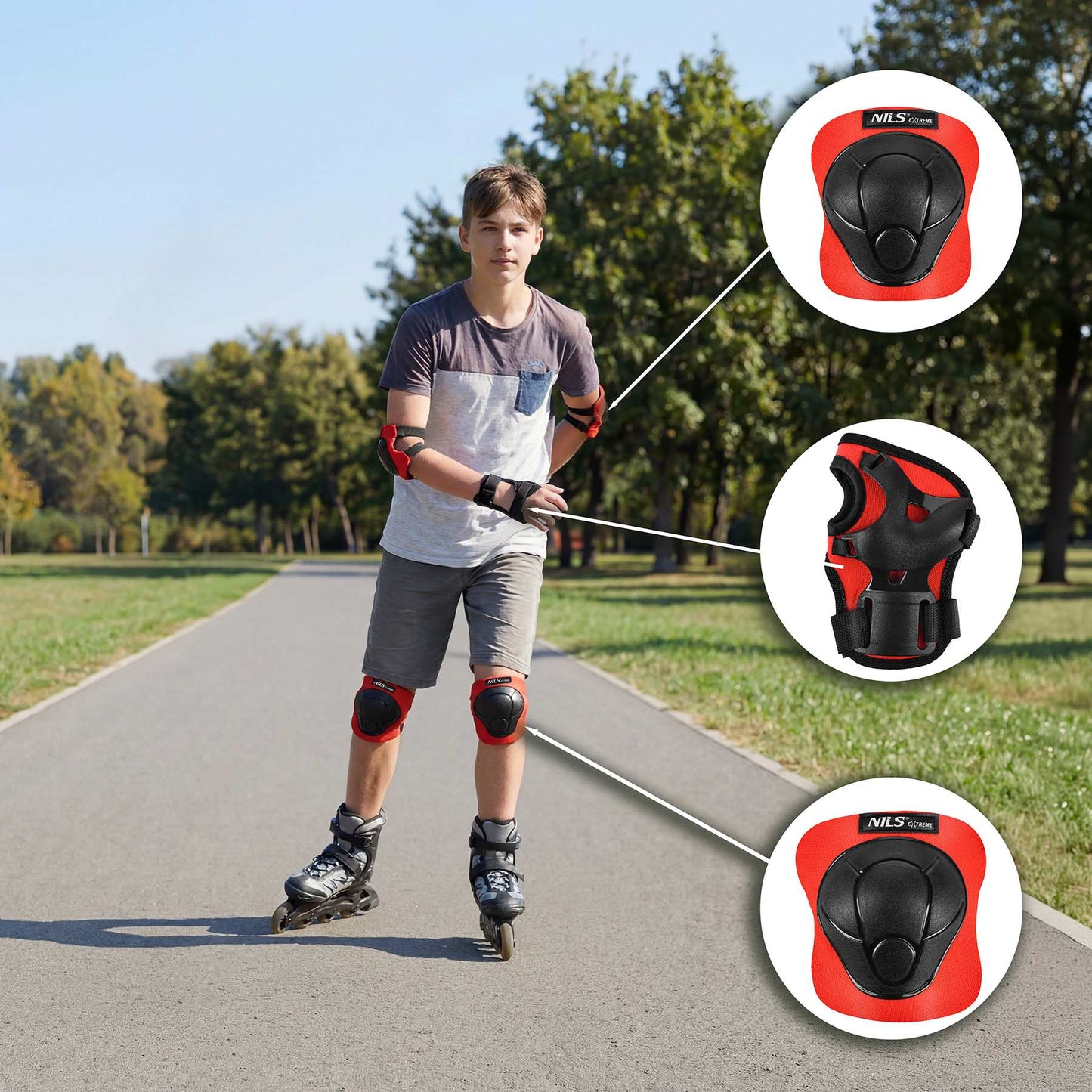 Skate Protective Gear Set, Wrist Elbow Knee, Red L