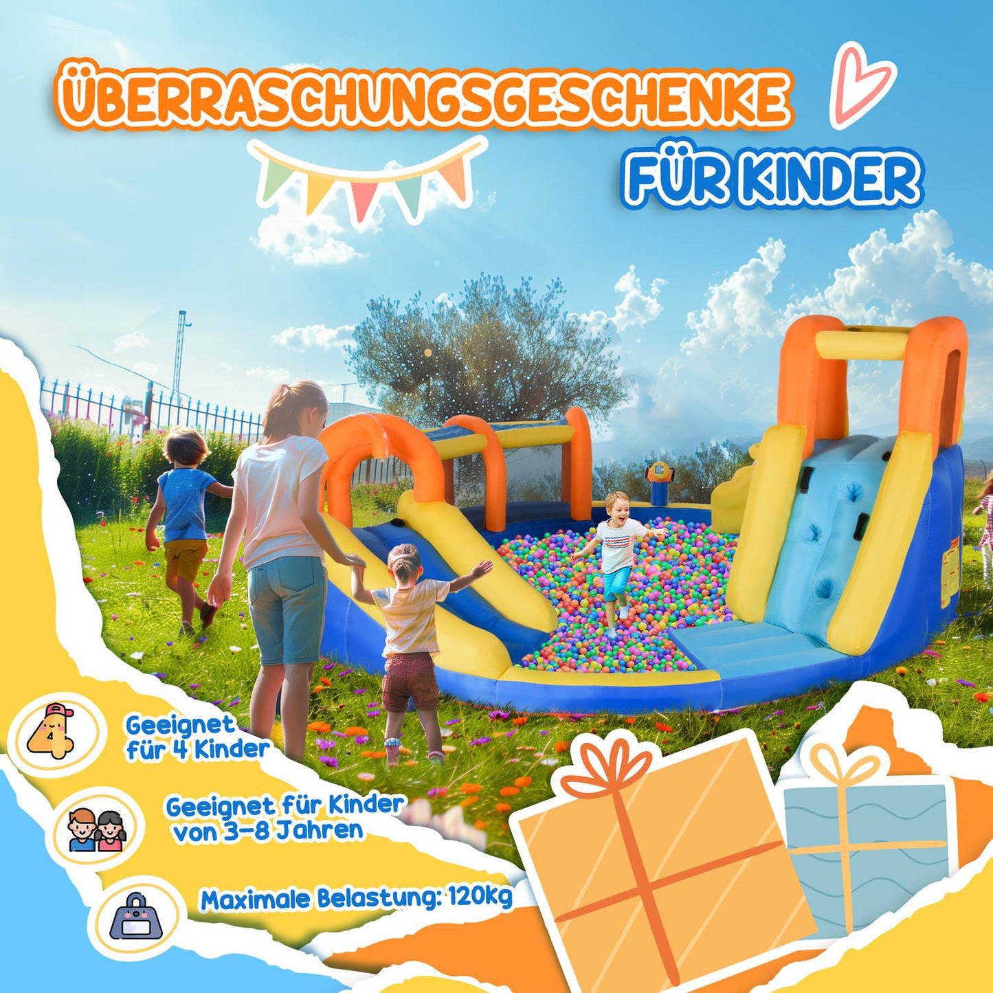 Inflatable water park with slide, tunnel and climbing wall for children 3-8 years