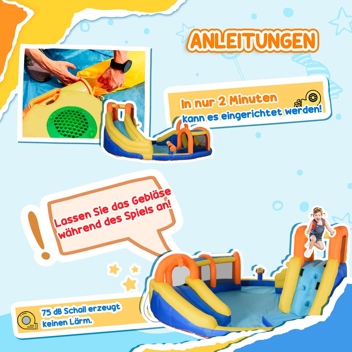 Inflatable water park with slide, tunnel and climbing wall for children 3-8 years