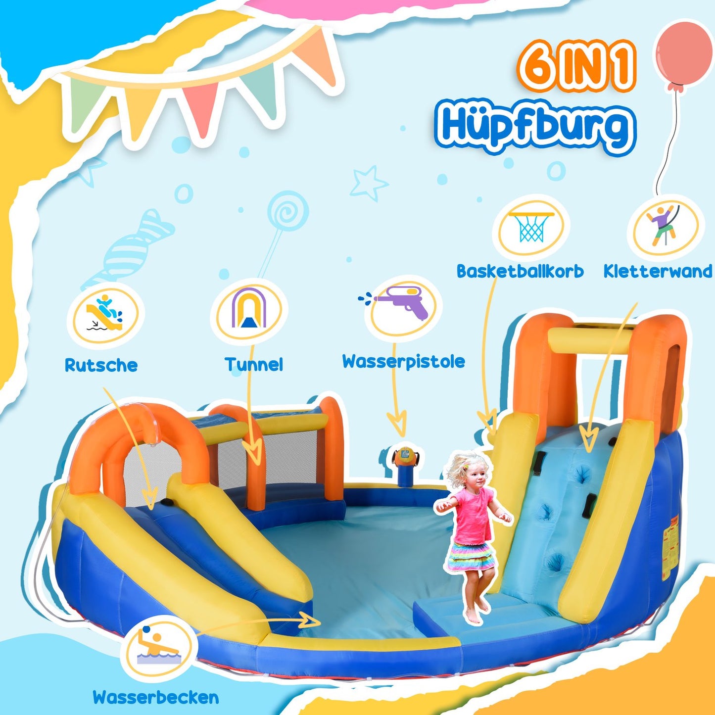 Inflatable water park with slide, tunnel and climbing wall for children 3-8 years