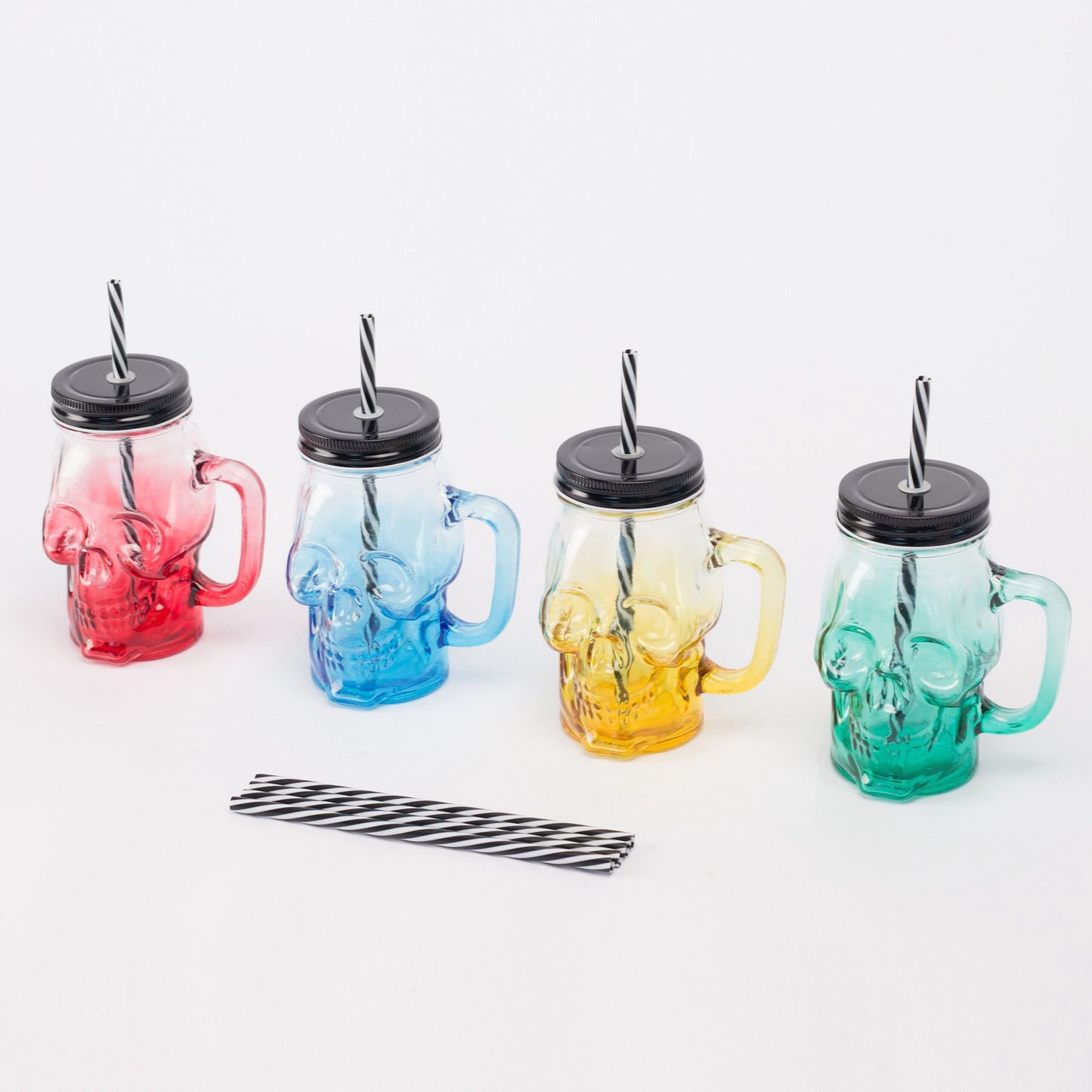 Skull Glasses Set with Lids & Straws, 4-Pack