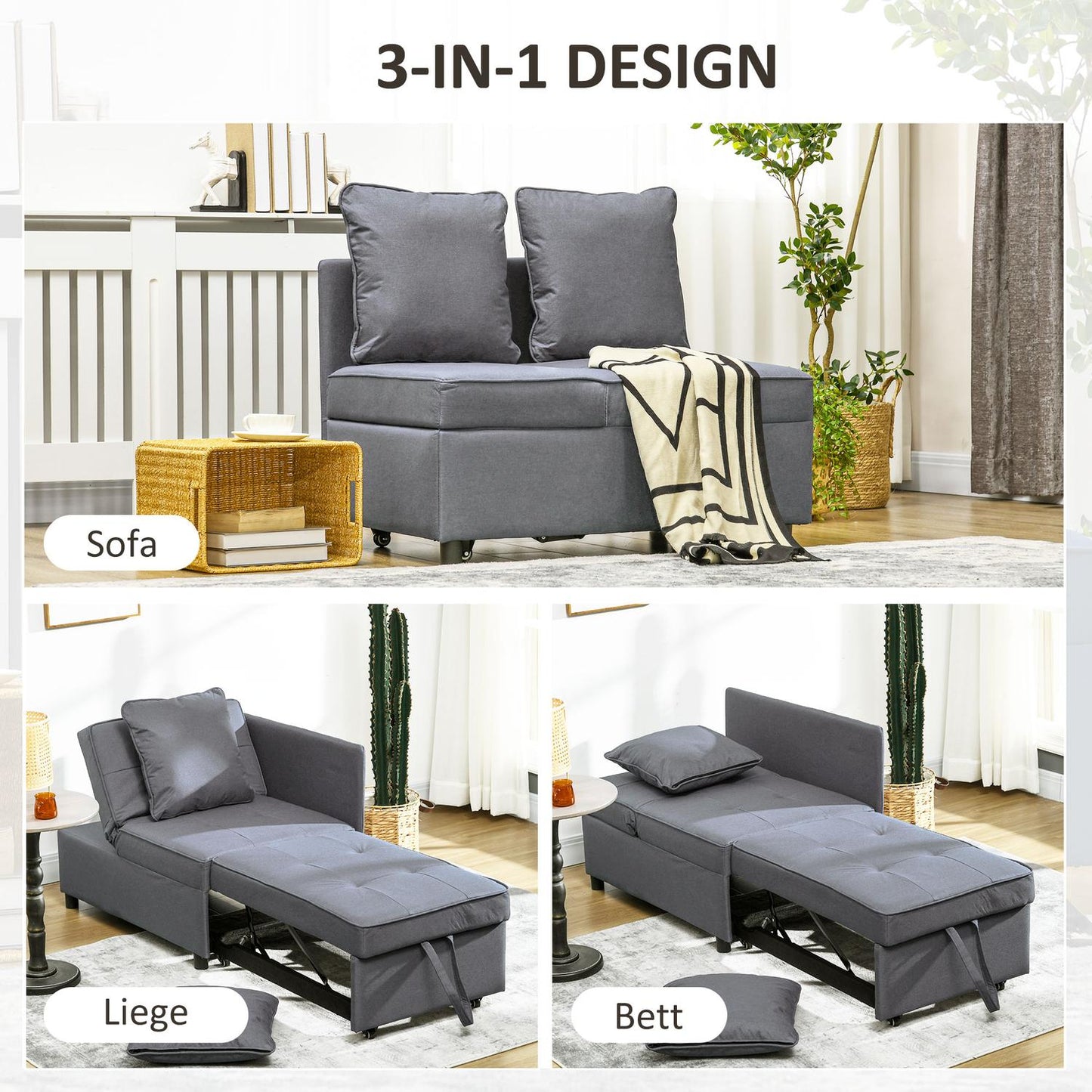 Sleeper chair, 2-seater armchair with bed function, foldable upholstered armchair with 2 cushions, linen-look cover, dark grey