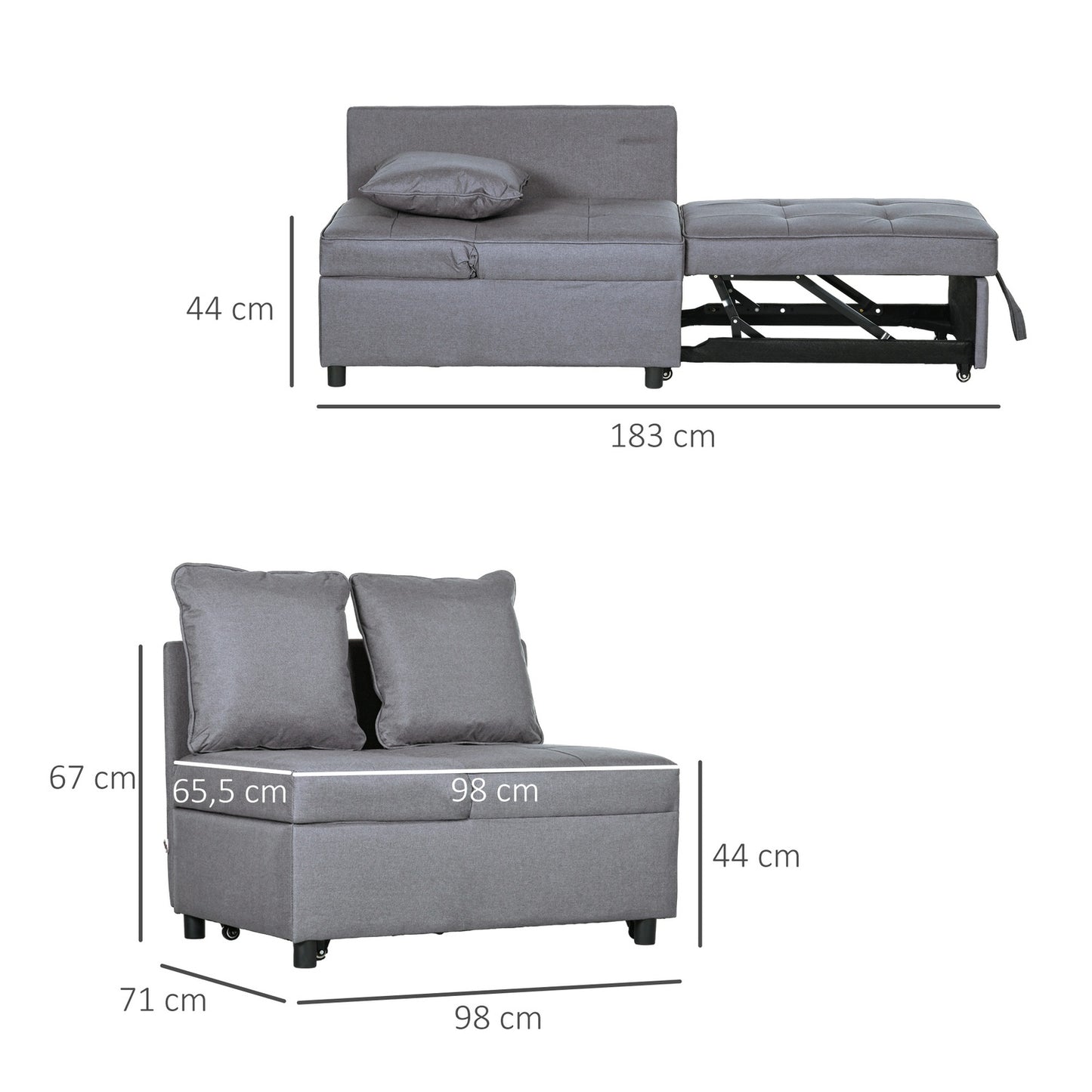 Sleeper chair, 2-seater armchair with bed function, foldable upholstered armchair with 2 cushions, linen-look cover, dark grey