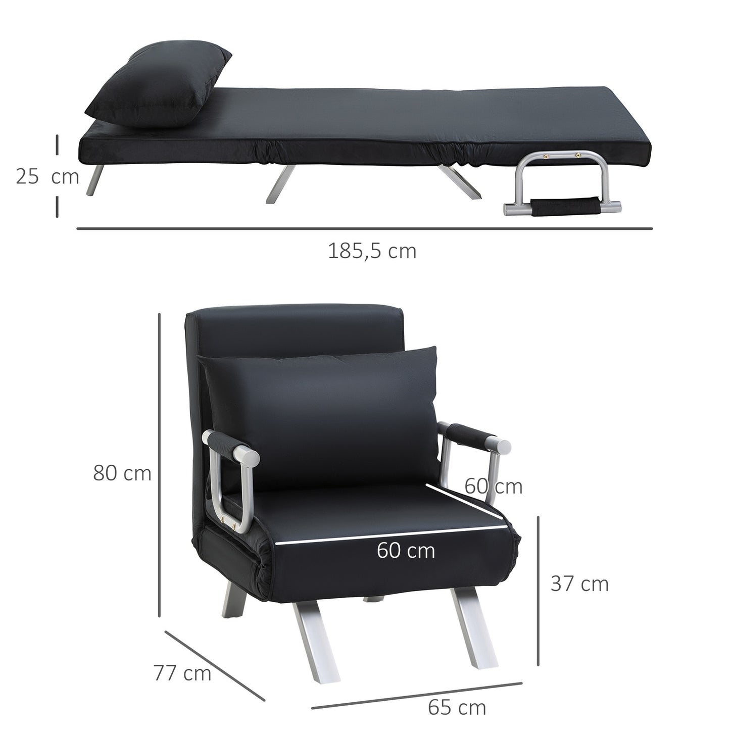 Folding sofa bed chair, black - adjustable, 120 kg capacity