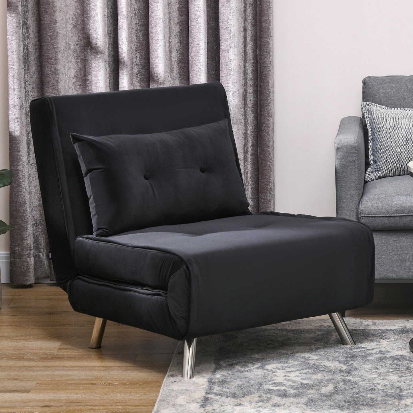 Velvet Folding Sofa Chair Bed with Cushion, Black, 77x88x83Cm