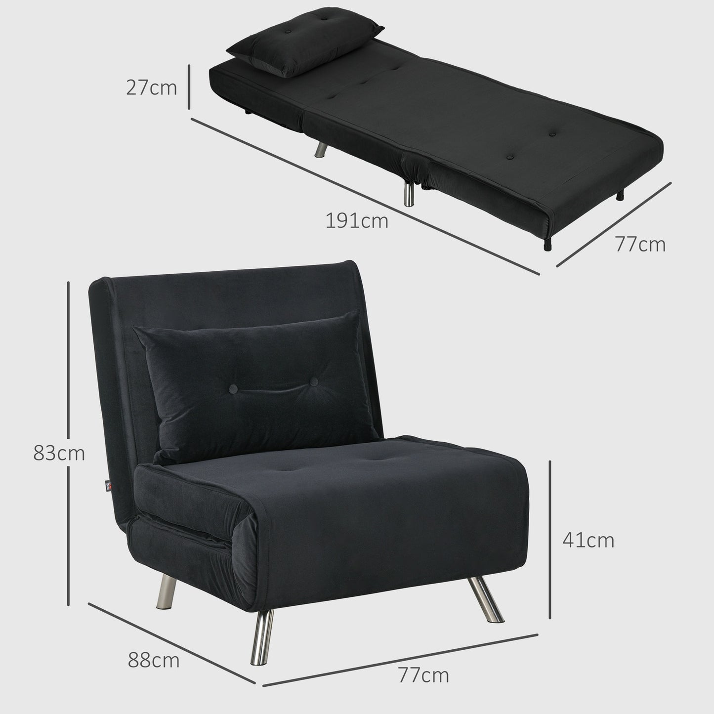 Velvet Folding Sofa Chair Bed with Cushion, Black, 77x88x83Cm