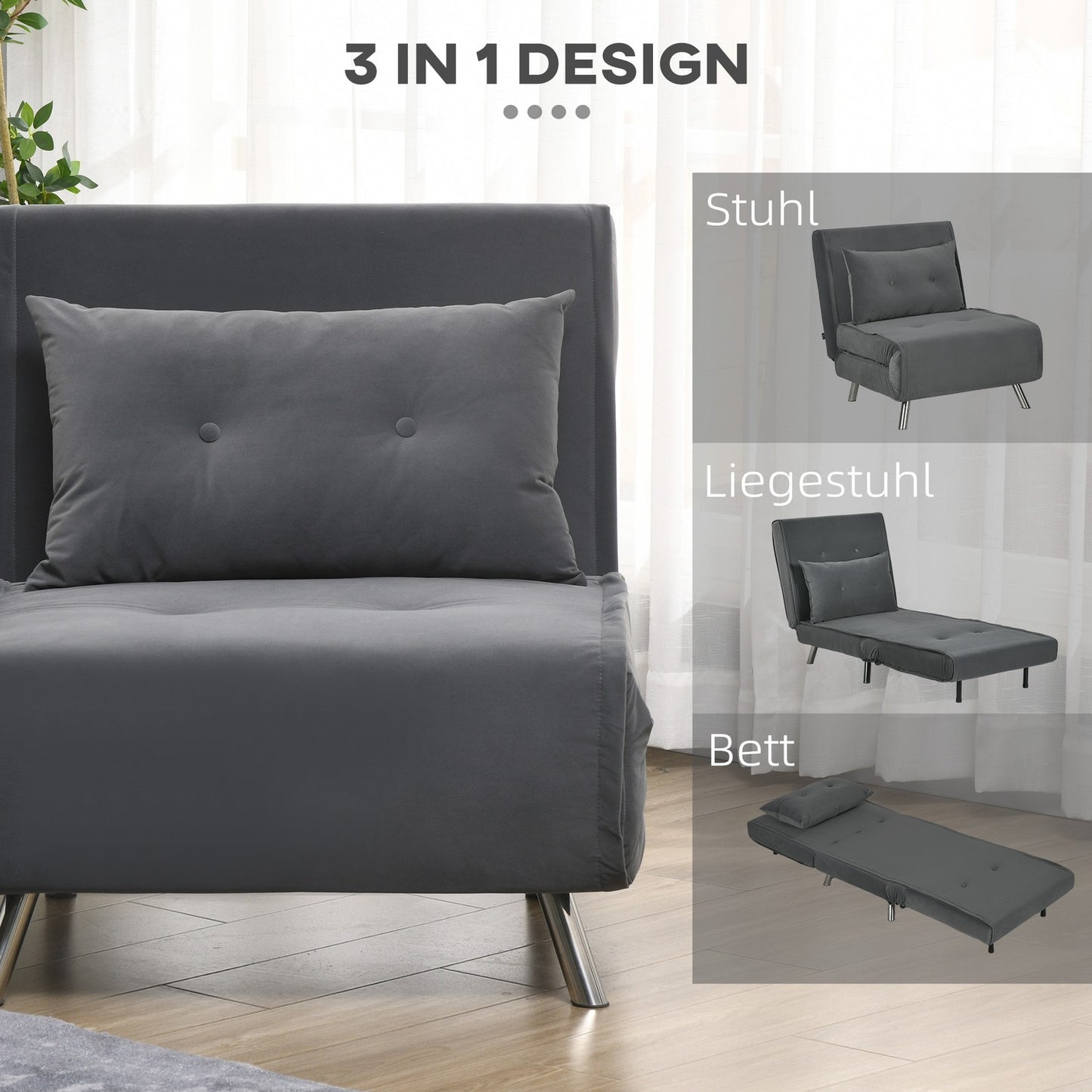 Folding Velvet sofa Chair bed - Dark gray cushion, 77x88x83 cm