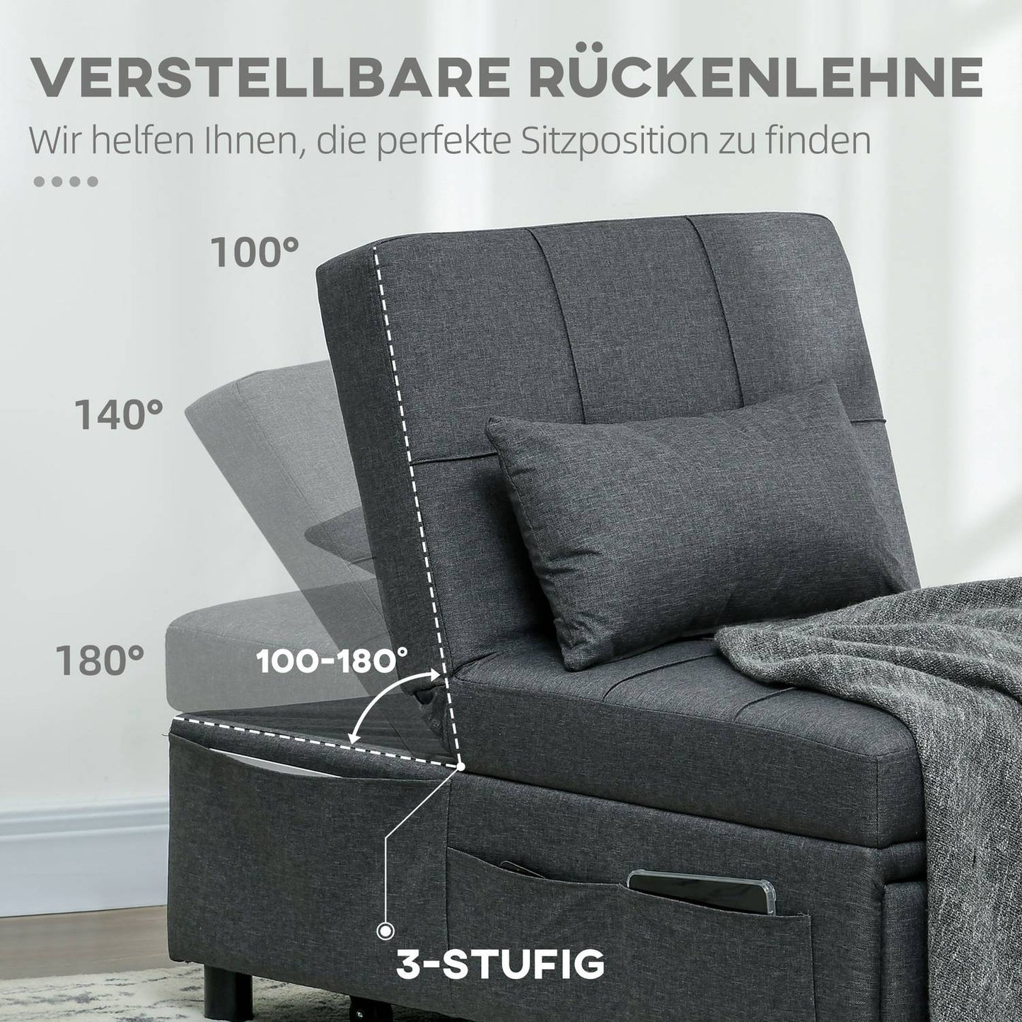 3-in-1 gray folding chair - Guest bed with wheels and pocket