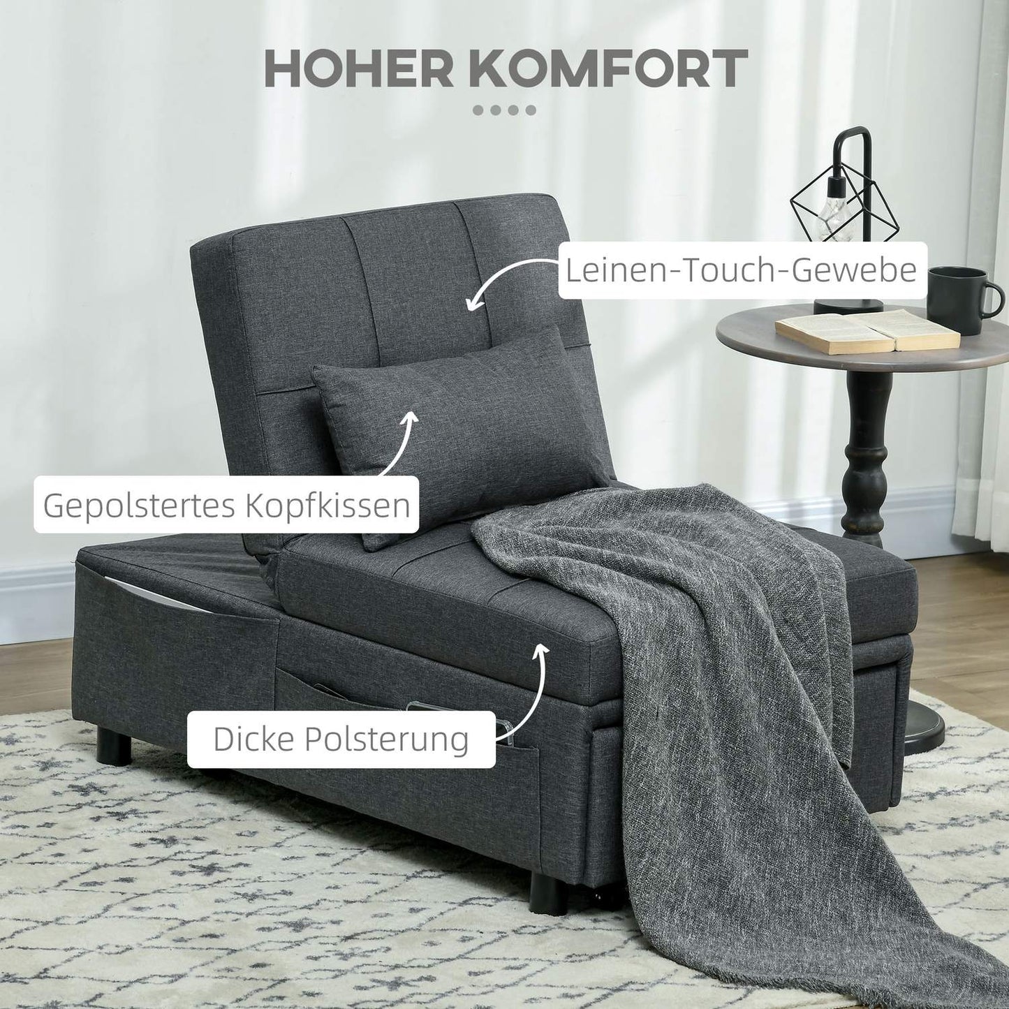 3-in-1 gray folding chair - Guest bed with wheels and pocket