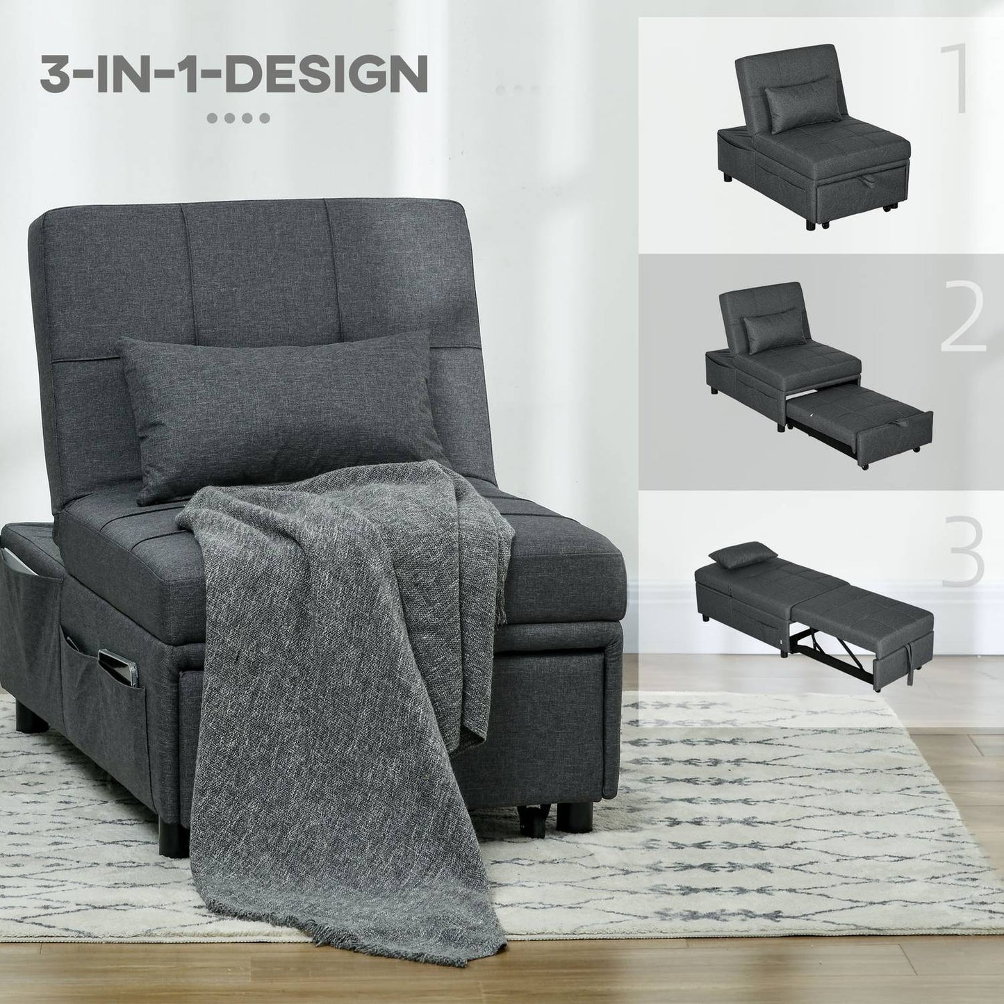 3-in-1 gray folding chair - Guest bed with wheels and pocket