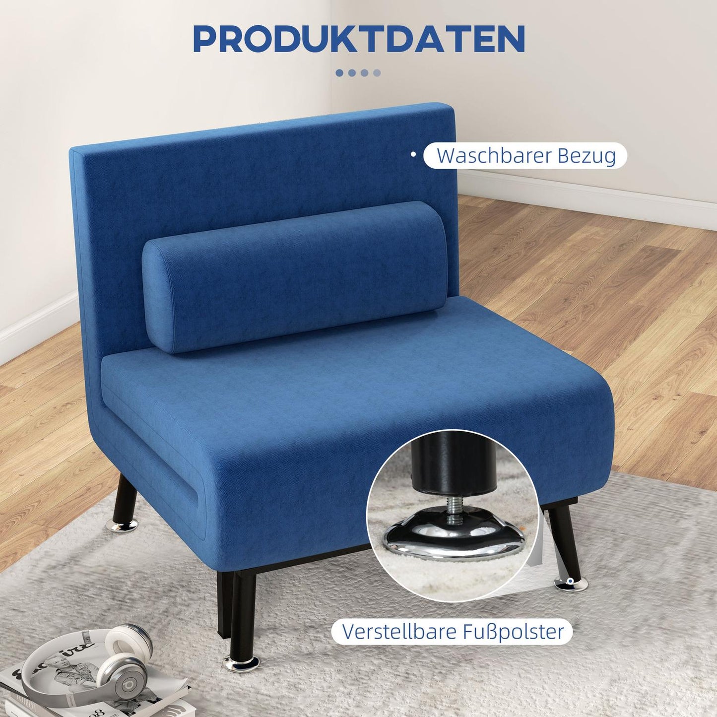 Convertible lounge chair, dark blue, adjustable backrest