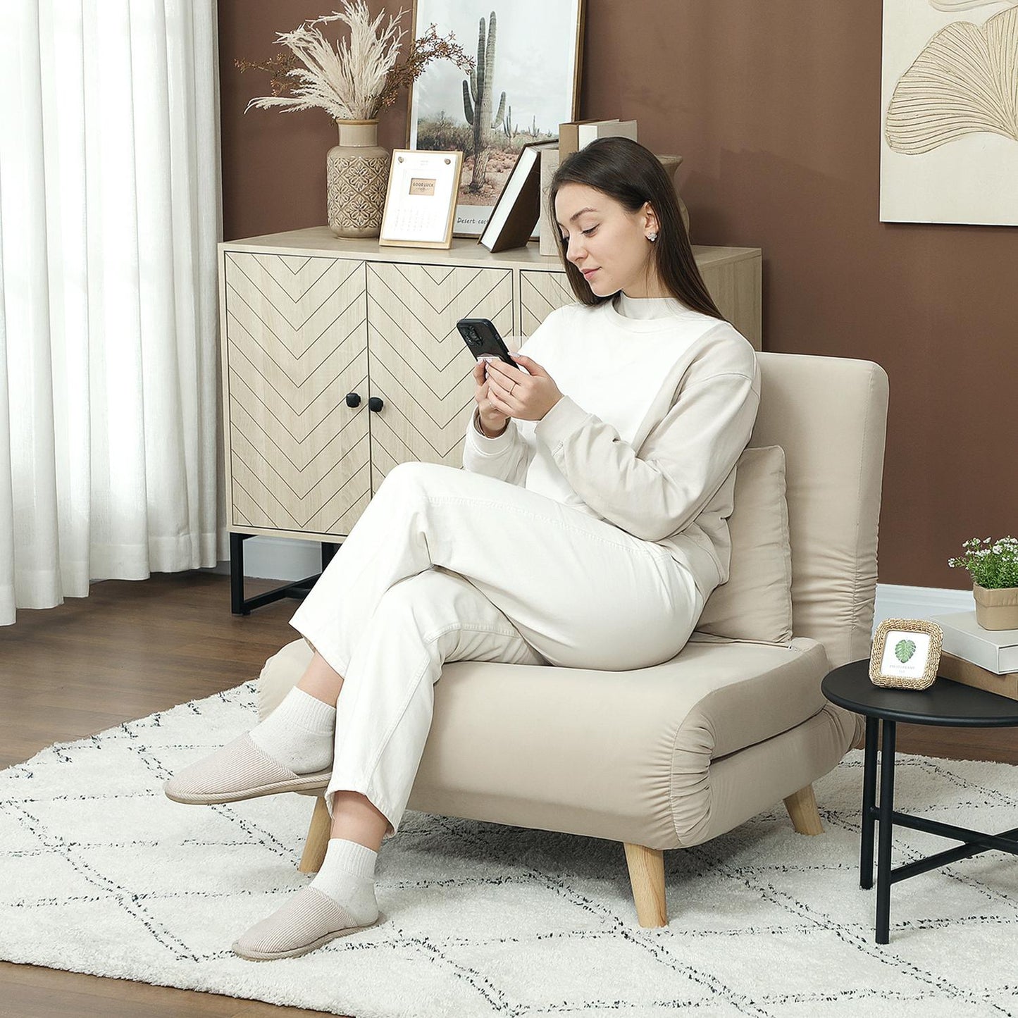 Folding Velvet Look Sleeper Chair with cushions, Beige