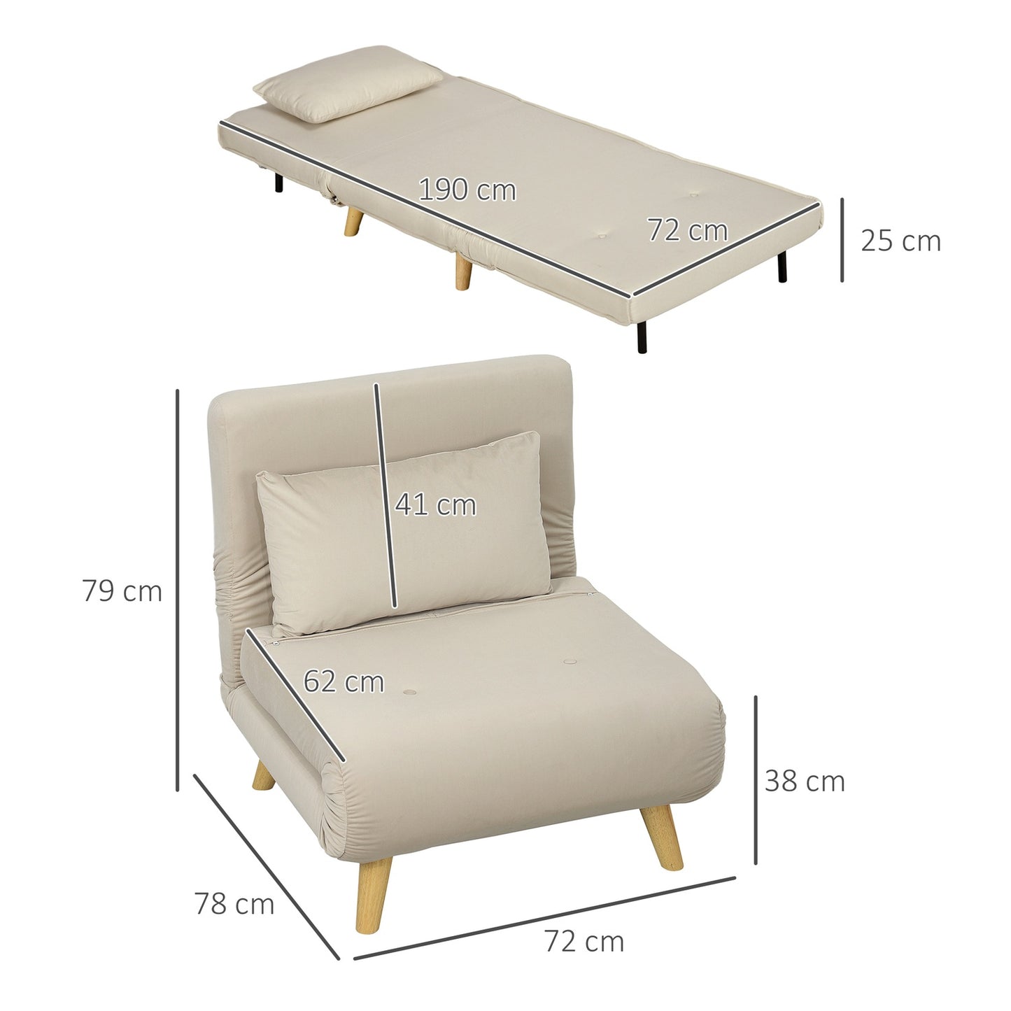Folding Velvet Look Sleeper Chair with cushions, Beige