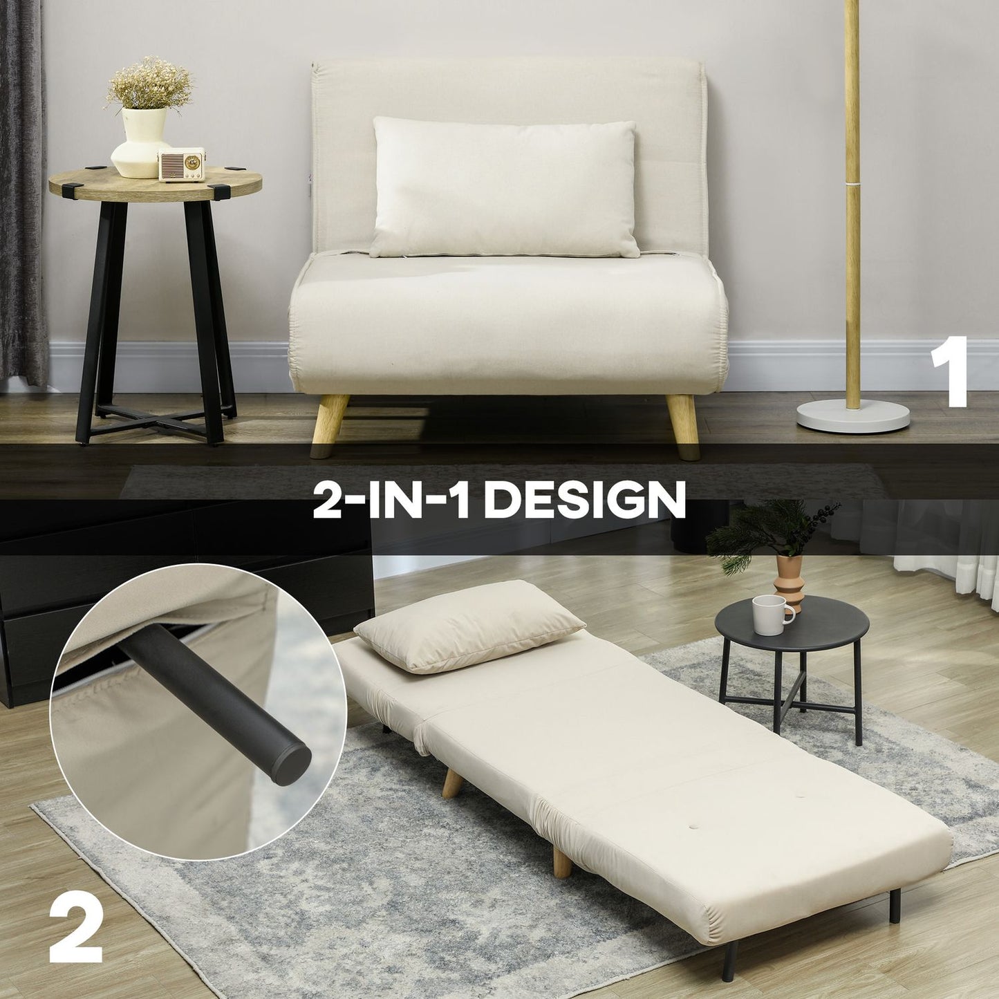 Folding Velvet Look Sleeper Chair with cushions, Beige